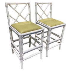 Boho Chic Rattan Chippendale Counter Stools, a Pair