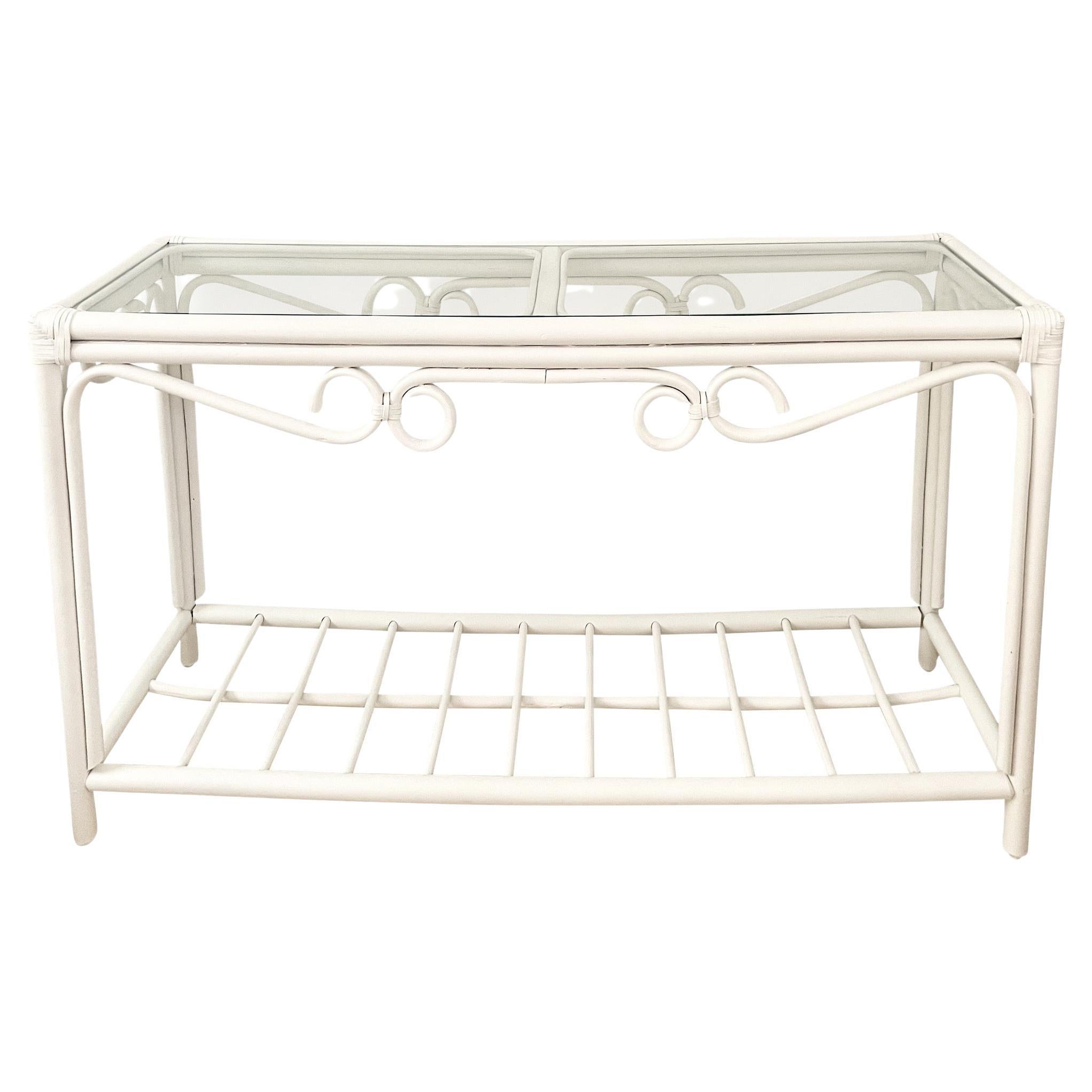 Boho Chic Rattan Console in White Lacquered Finish For Sale