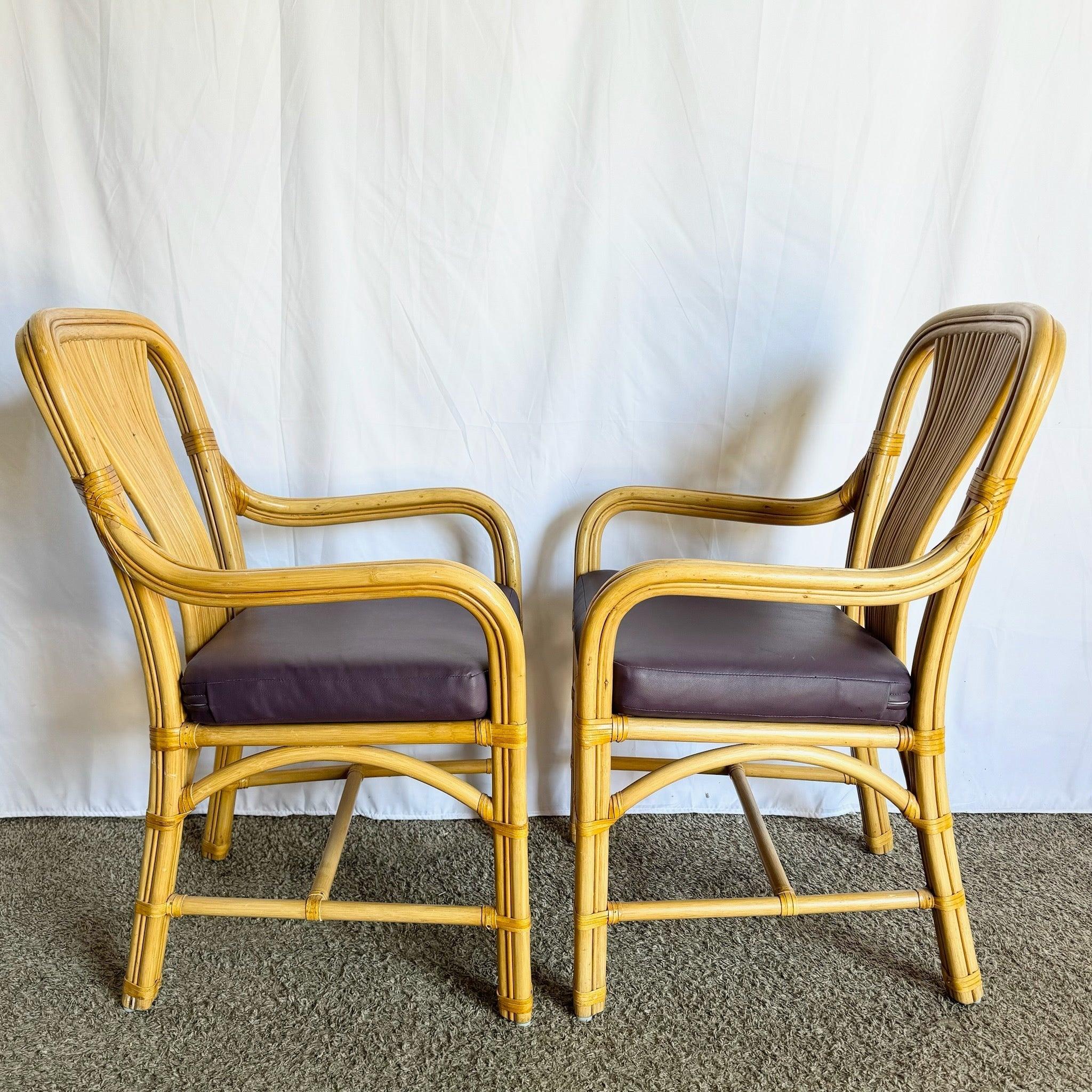 Boho Chic Rattan Dining Arm Chairs With Purple Cushions - Set of 4 In condizioni buone in vendita a Delray Beach, FL
