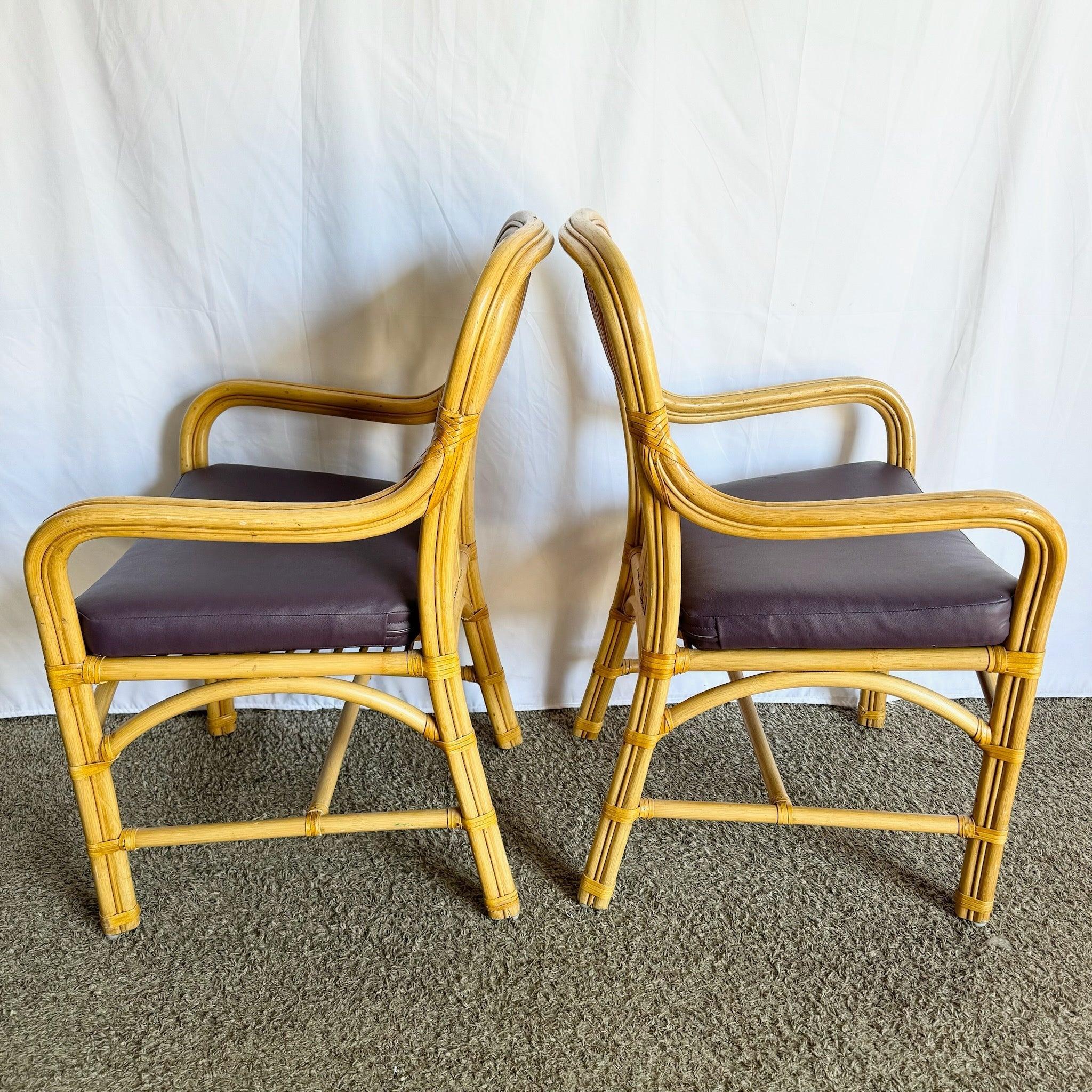 Boho Chic Rattan Dining Arm Chairs With Purple Cushions - Set of 4 in vendita 1