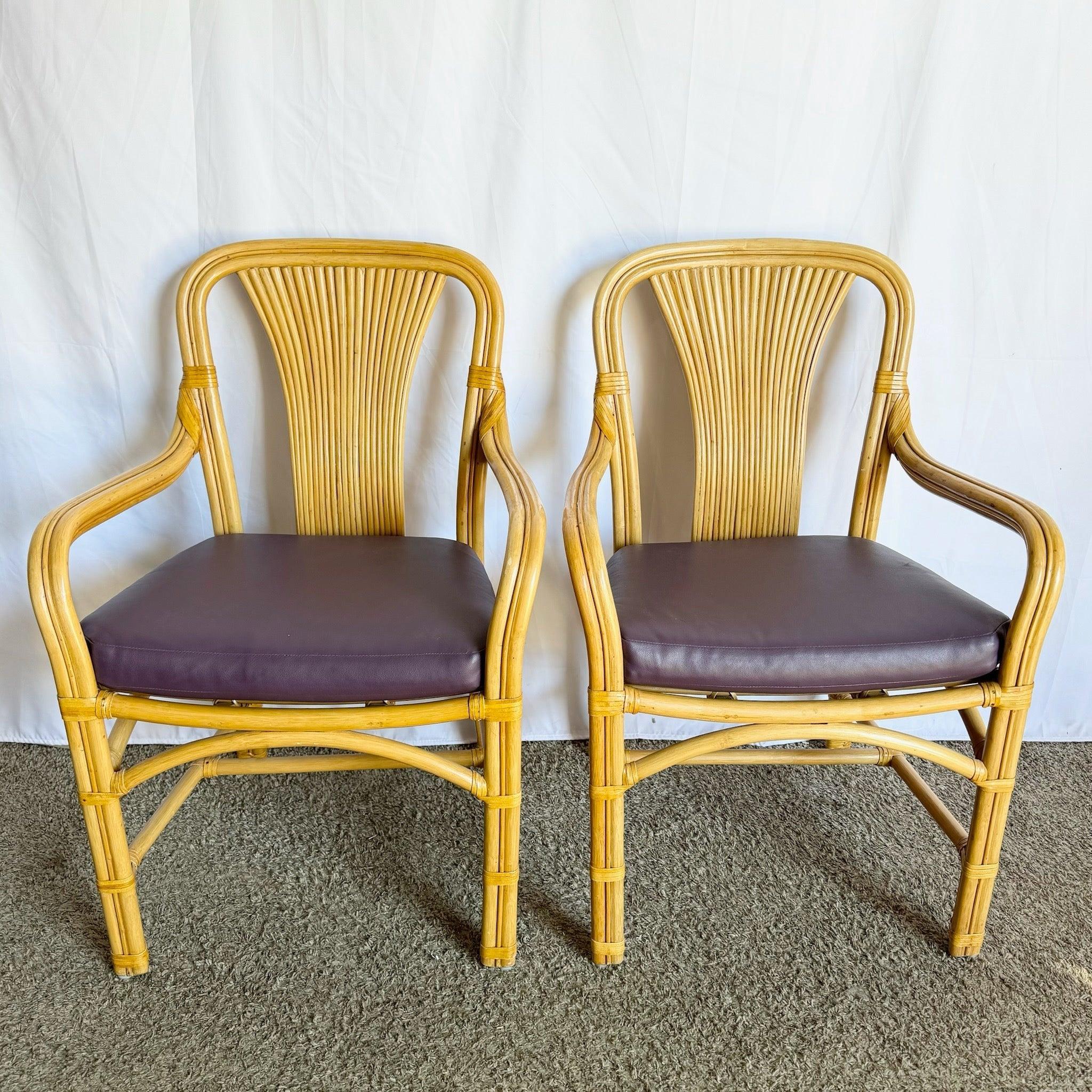Boho Chic Rattan Dining Arm Chairs With Purple Cushions - Set of 4 in vendita 2