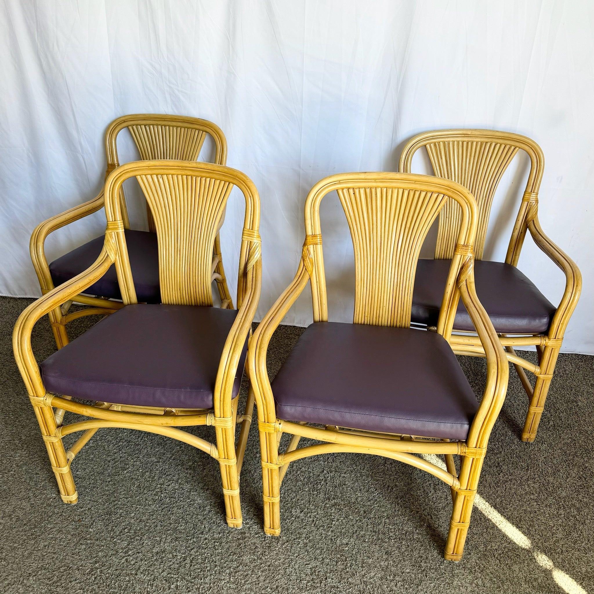 Boho Chic Rattan Dining Arm Chairs With Purple Cushions - Set of 4 in vendita 3