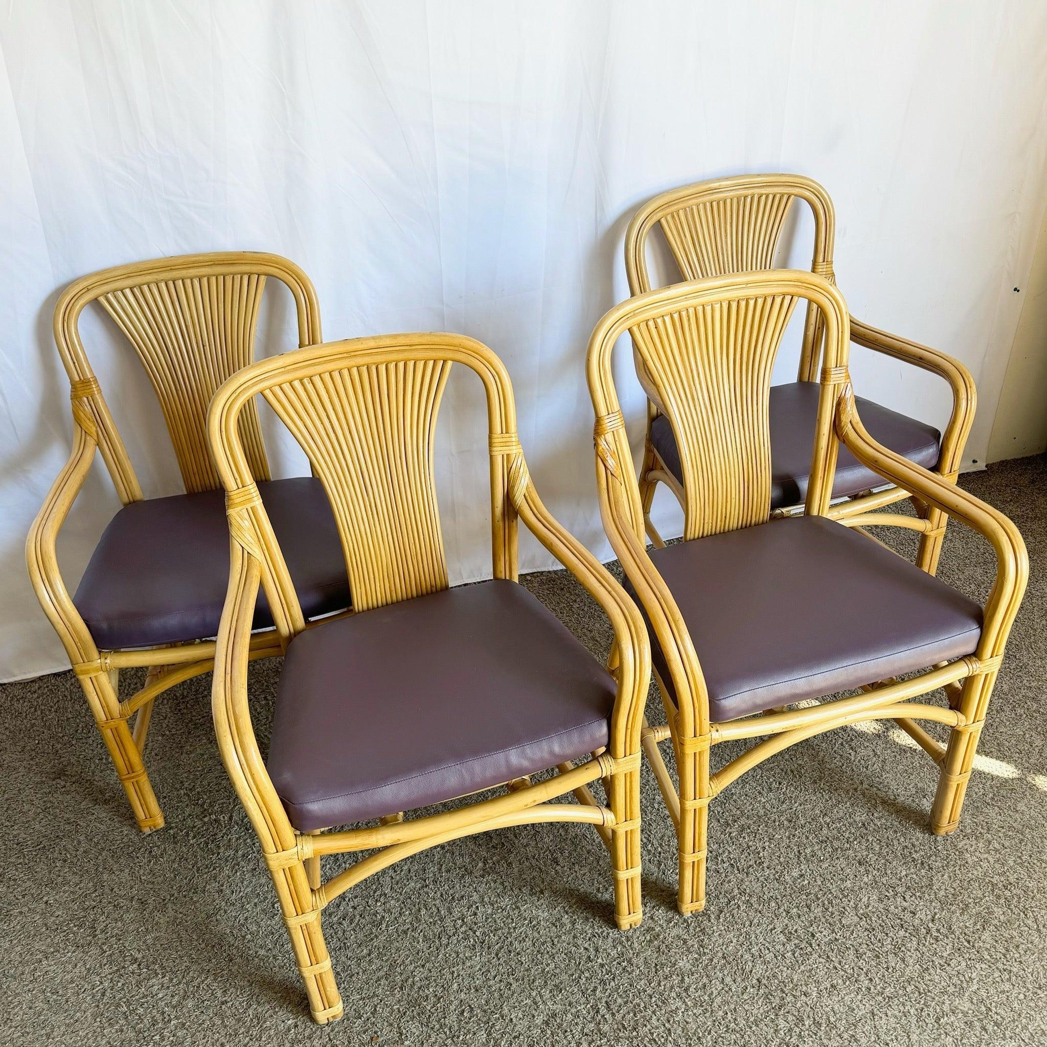 Boho Chic Rattan Dining Arm Chairs With Purple Cushions - Set of 4 in vendita 4