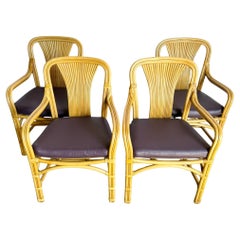 Boho Chic Rattan Dining Arm Chairs With Purple Cushions - Set of 4