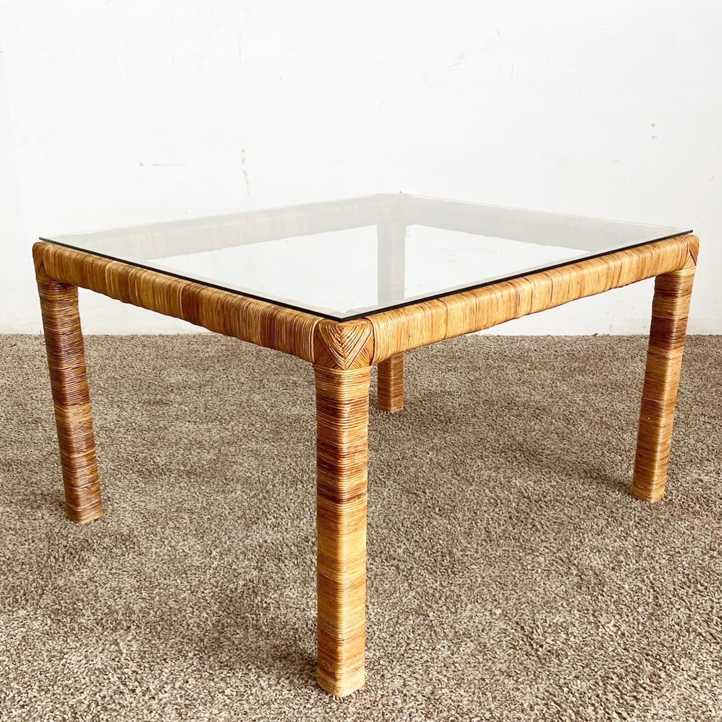 Late 20th Century Boho Chic Rattan Glass Top Coffee Table For Sale