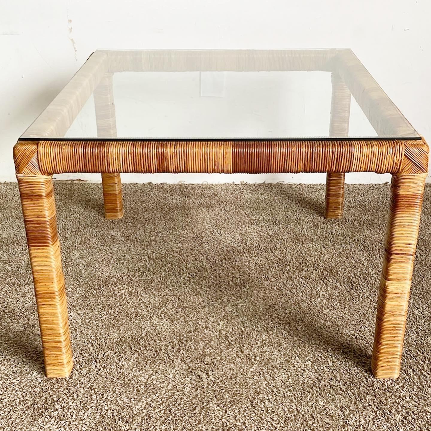 Boho Chic Rattan Glass Top Coffee Table For Sale 4