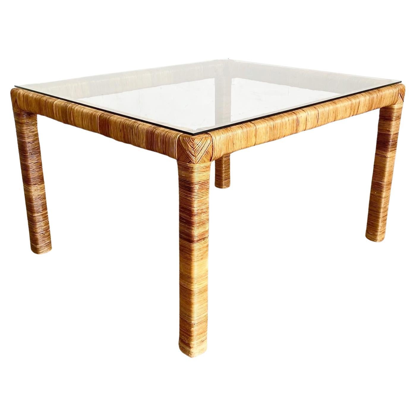 Boho Chic Rattan Glass Top Coffee Table For Sale