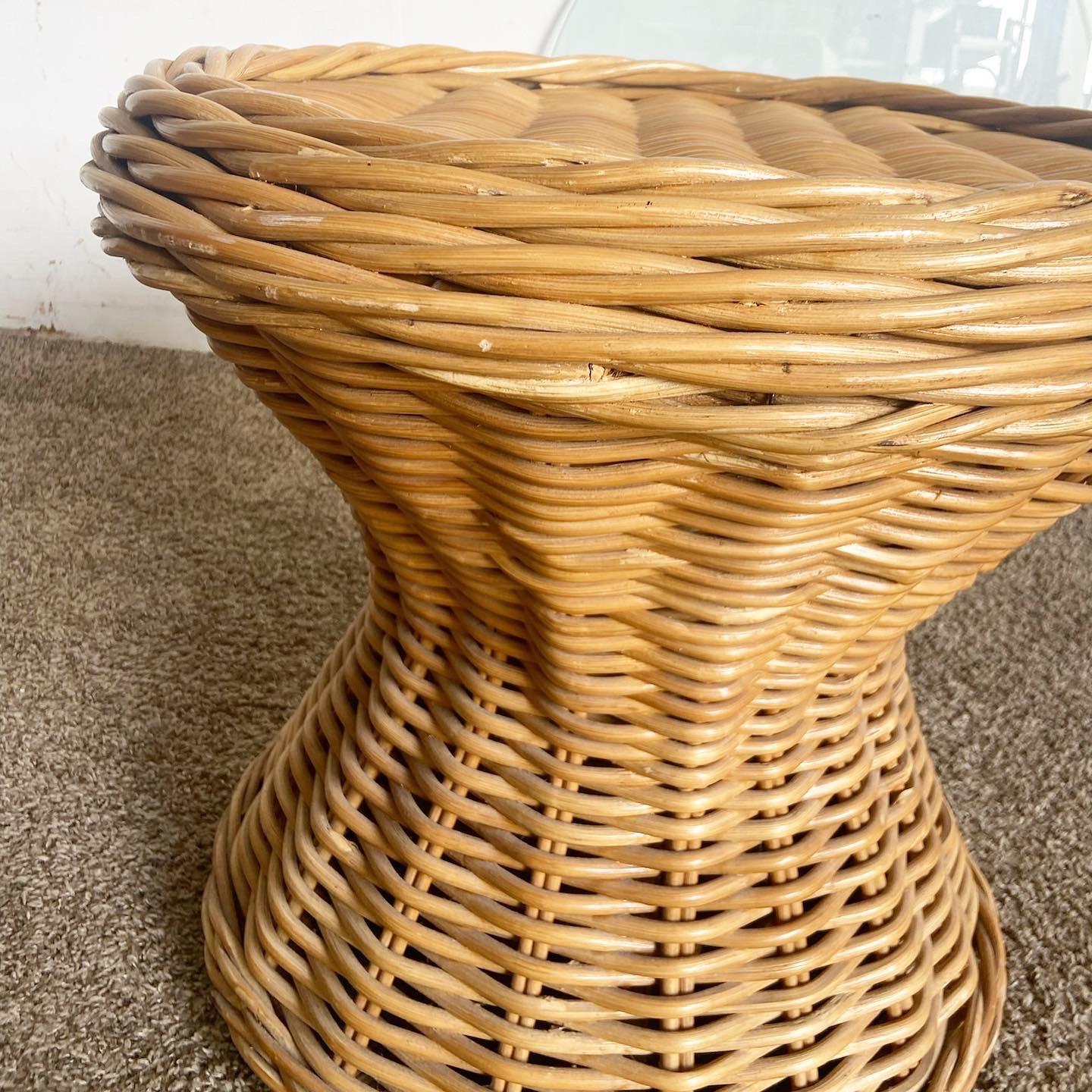 Boho Chic Rattan Glass Top Side Table For Sale 2