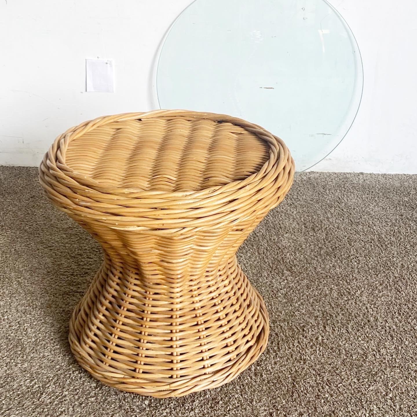 Boho Chic Rattan Glass Top Side Table For Sale 3