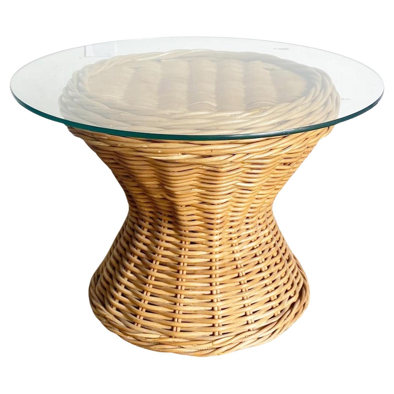 Boho Chic Rattan Glass Top Side Table For Sale