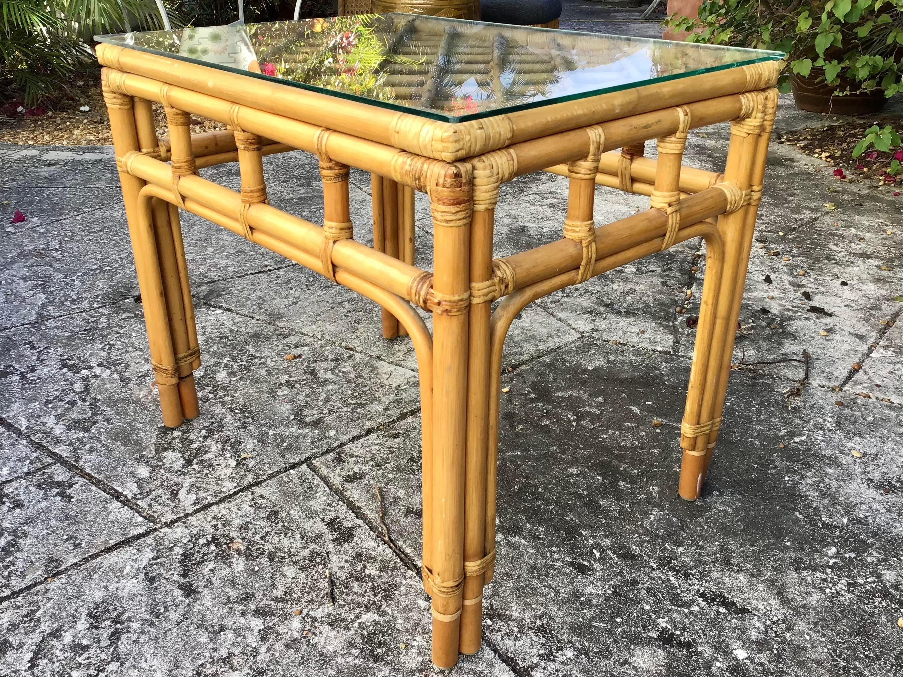 Mid-20th Century Boho Chic Rattan Side Table with Lattice Weave and Glass Top