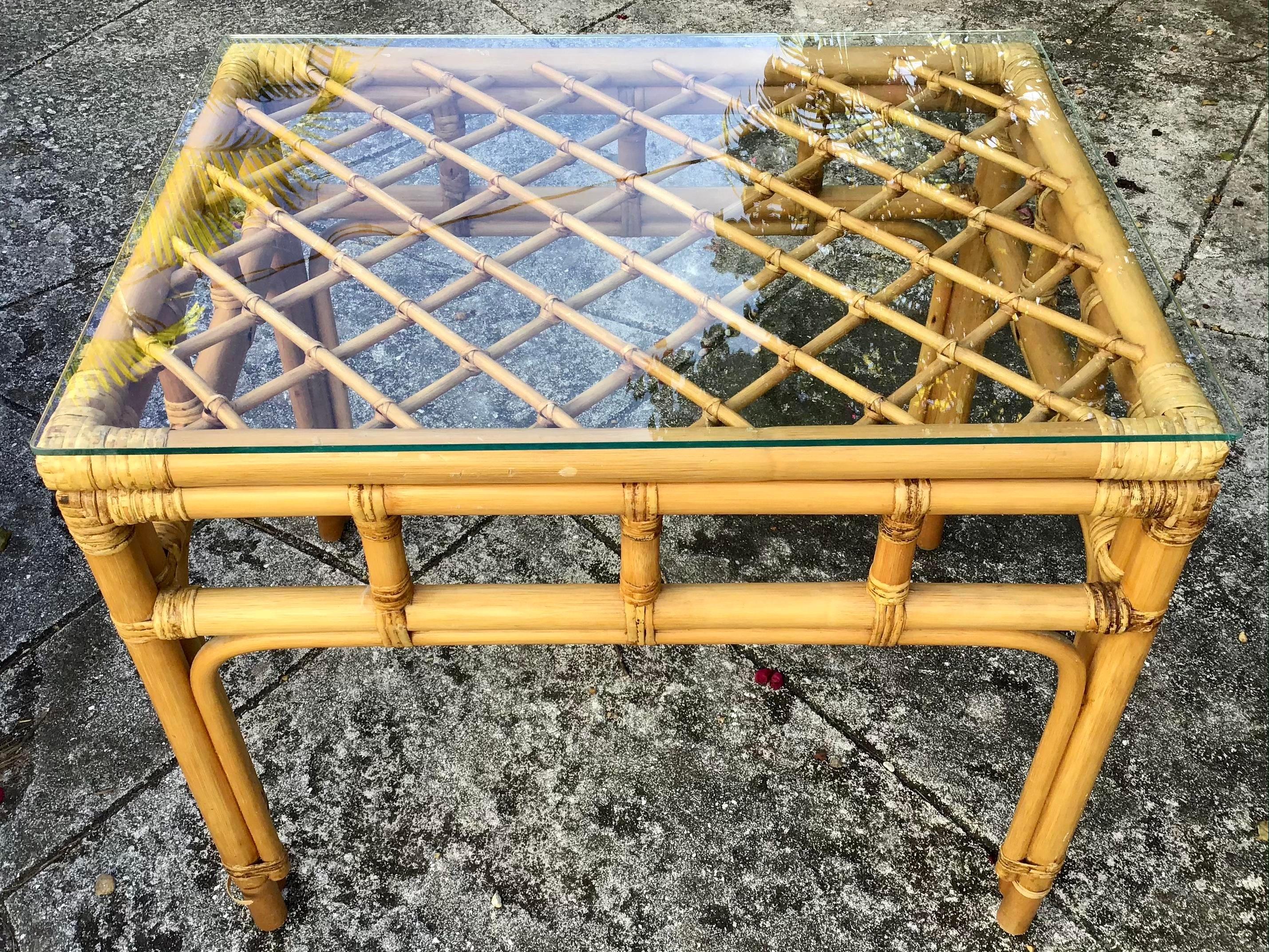 Boho Chic Rattan Side Table with Lattice Weave and Glass Top 1