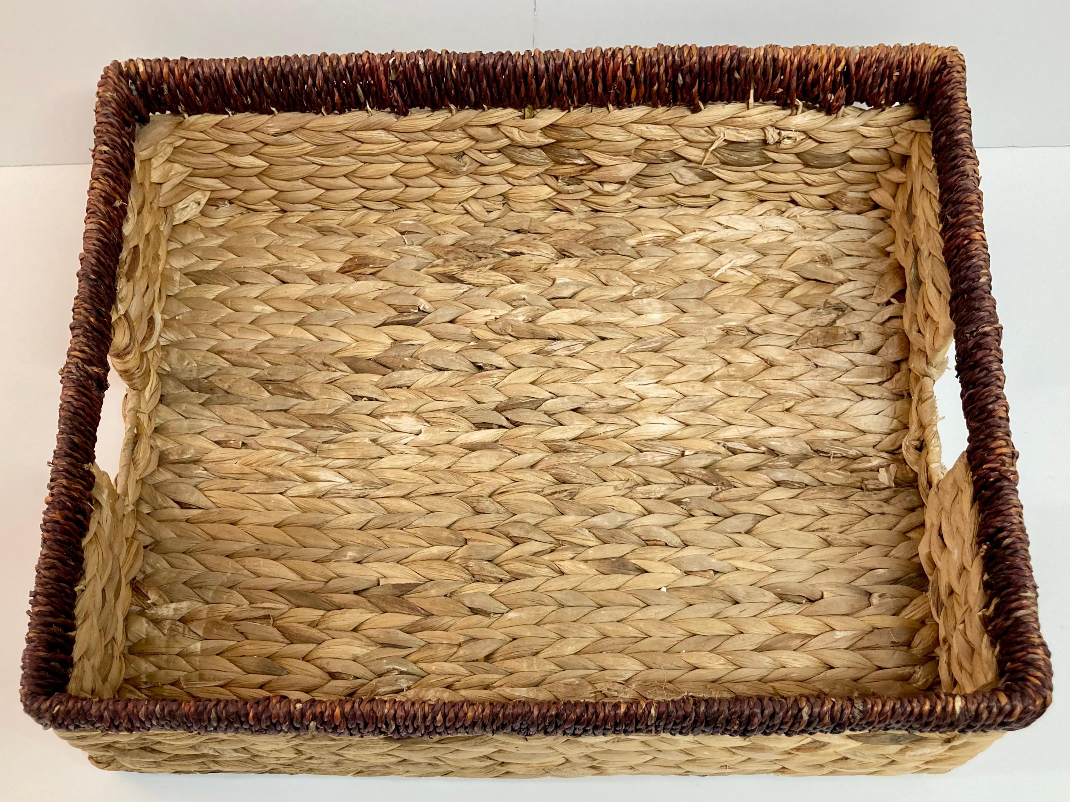 Modern Boho Chic Rattan Tray With Handles For Sale