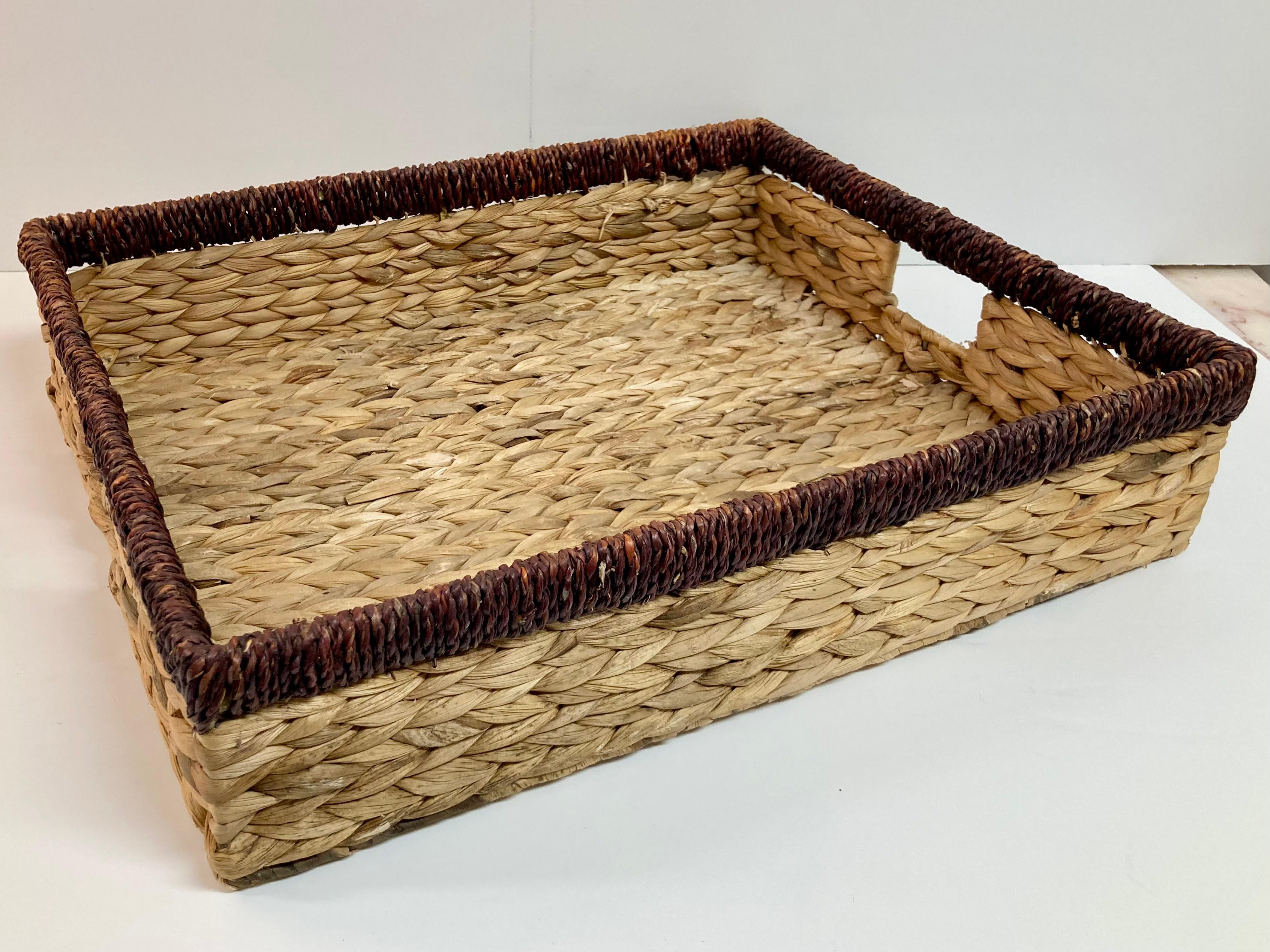 American Boho Chic Rattan Tray With Handles For Sale