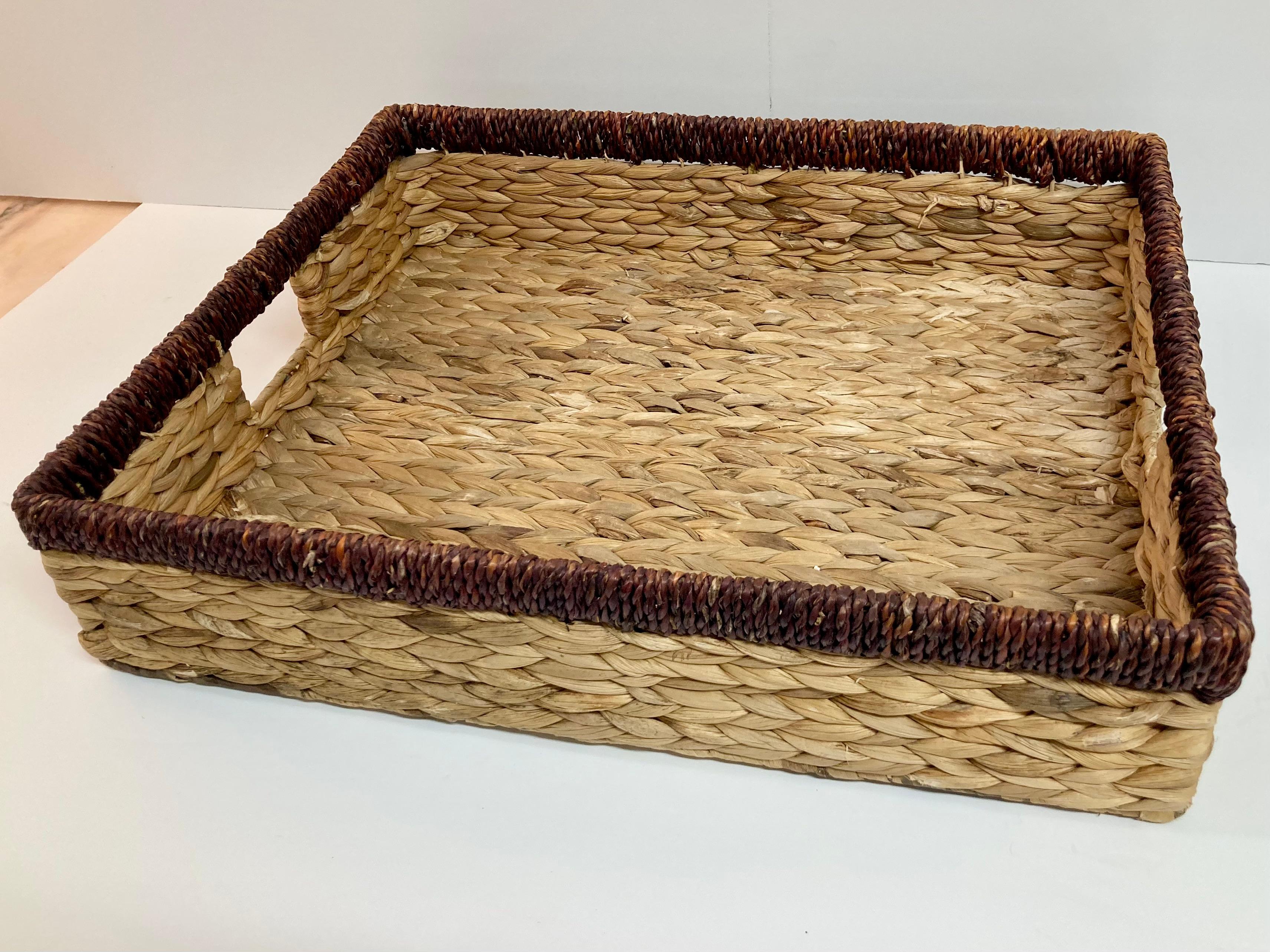 Contemporary Boho Chic Rattan Tray With Handles For Sale