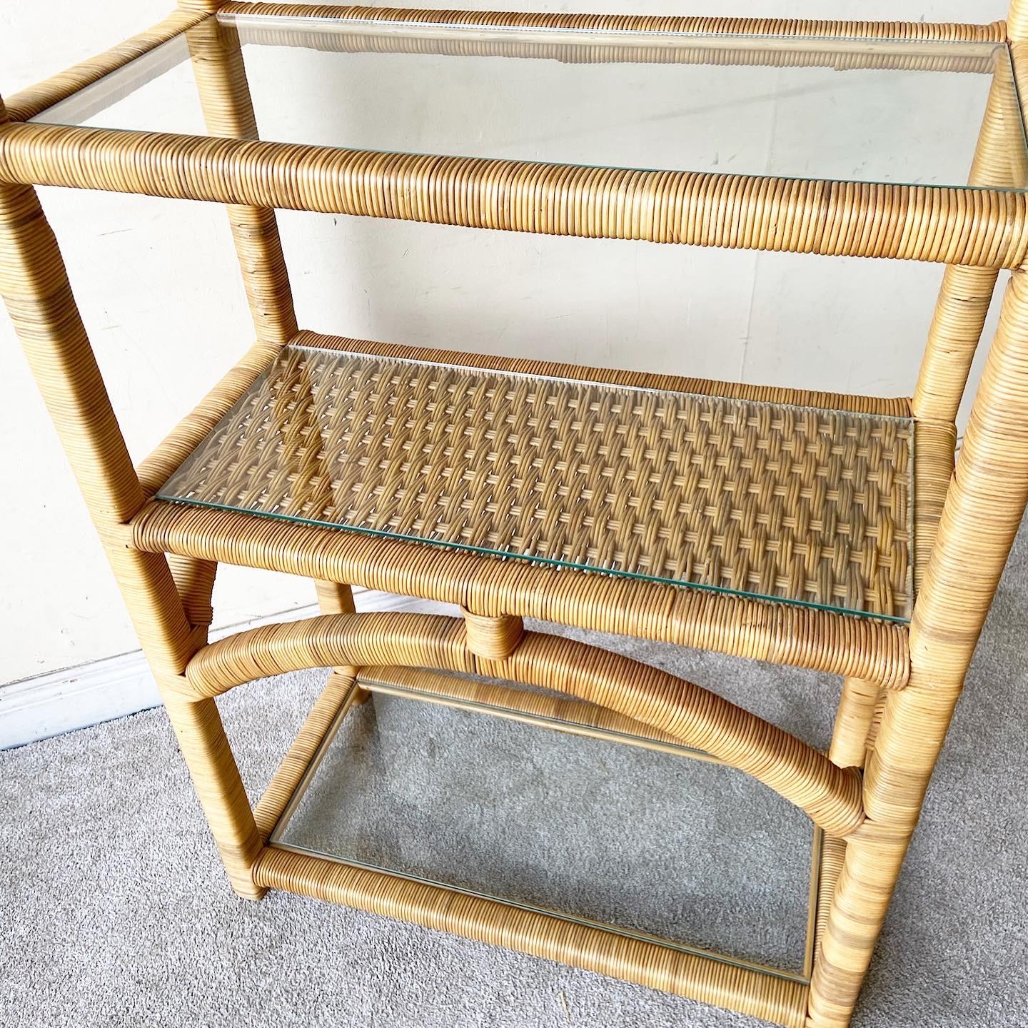 Bohemian Boho Chic Rattan Woven Etagere with Glass Shelves For Sale