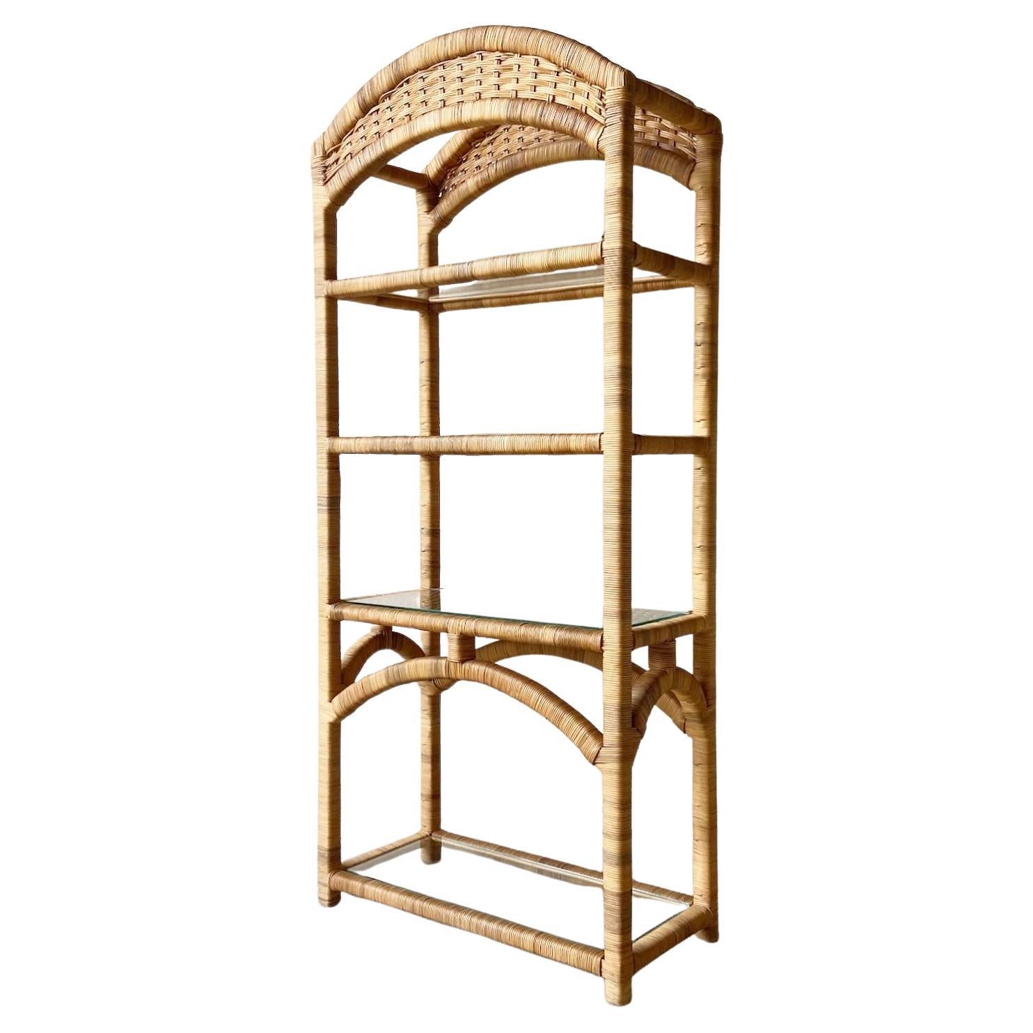 Boho Chic Rattan Woven Etagere with Glass Shelves For Sale