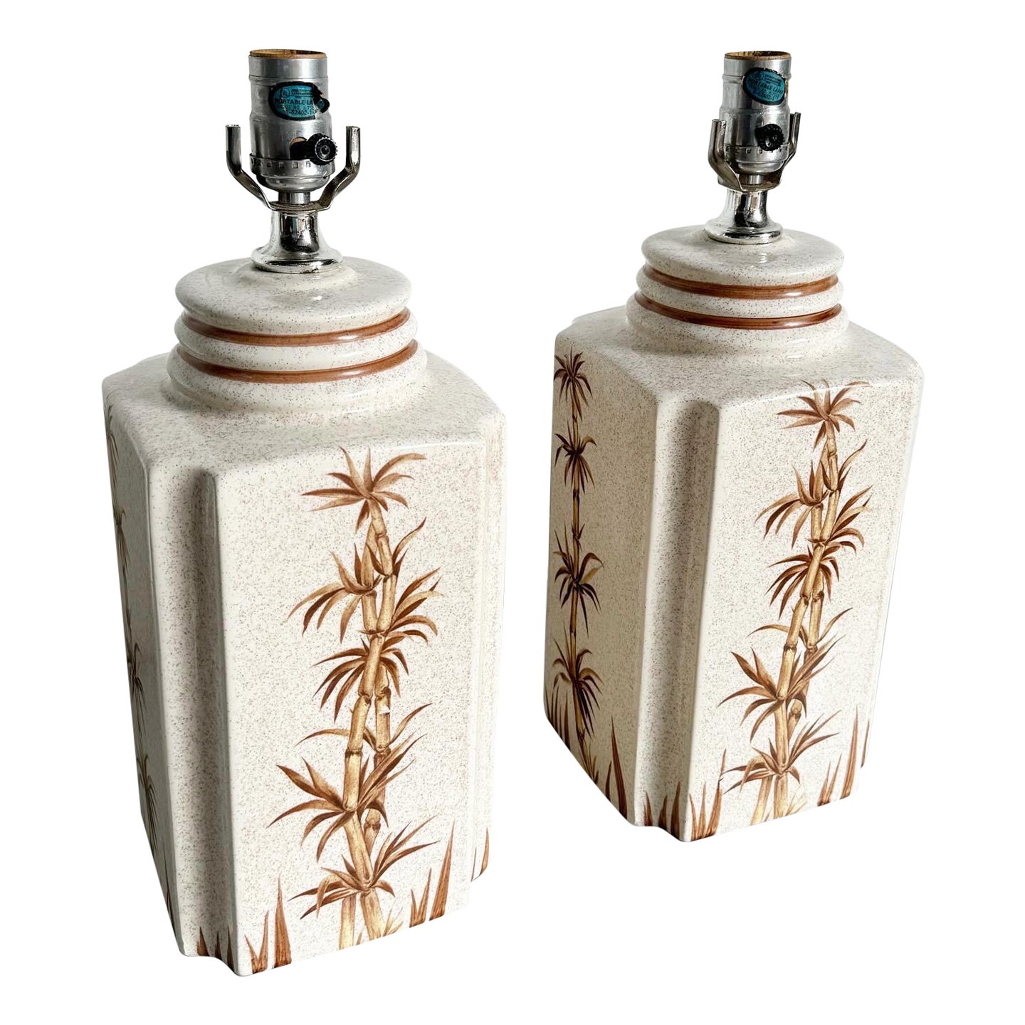 Boho Chic Regency Ceramic Table Wamps With Hand Painted Bamboo Plants