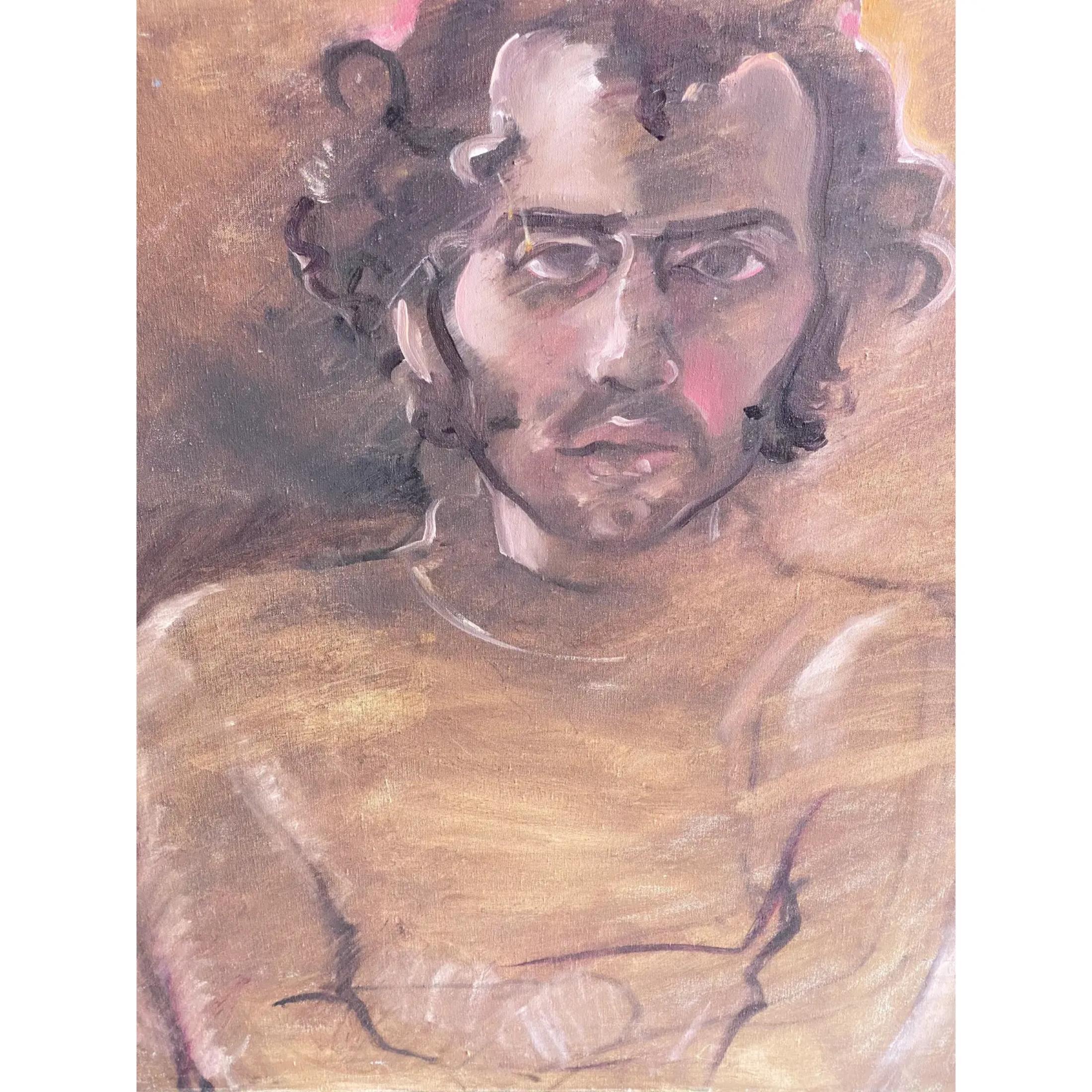 Magnifique portrait à l'huile signé d'un jeune homme. Réalisé par l'artiste Regone Pierokkis. Ce portrait est dominé par de superbes couleurs douces. Acquis auprès de la succession de l'artiste.