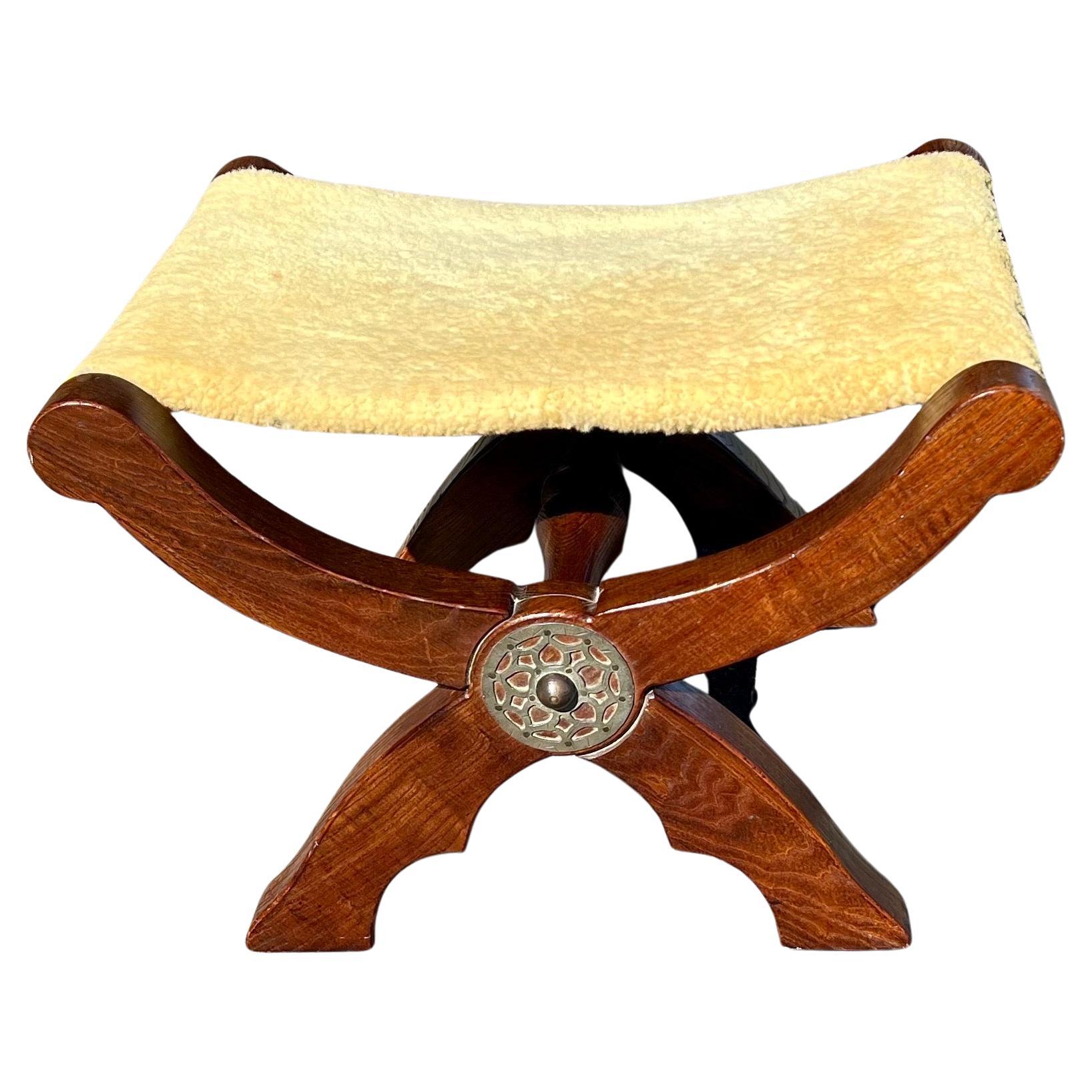 Hollywood Regency Boho Chic Savonarola Style Walnut & Bronze Sheepskin Seat Campaign Stool Bench