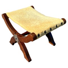 Boho Chic Savonarola Style Walnut & Bronze Sheepskin Seat Campaign Stool Bench