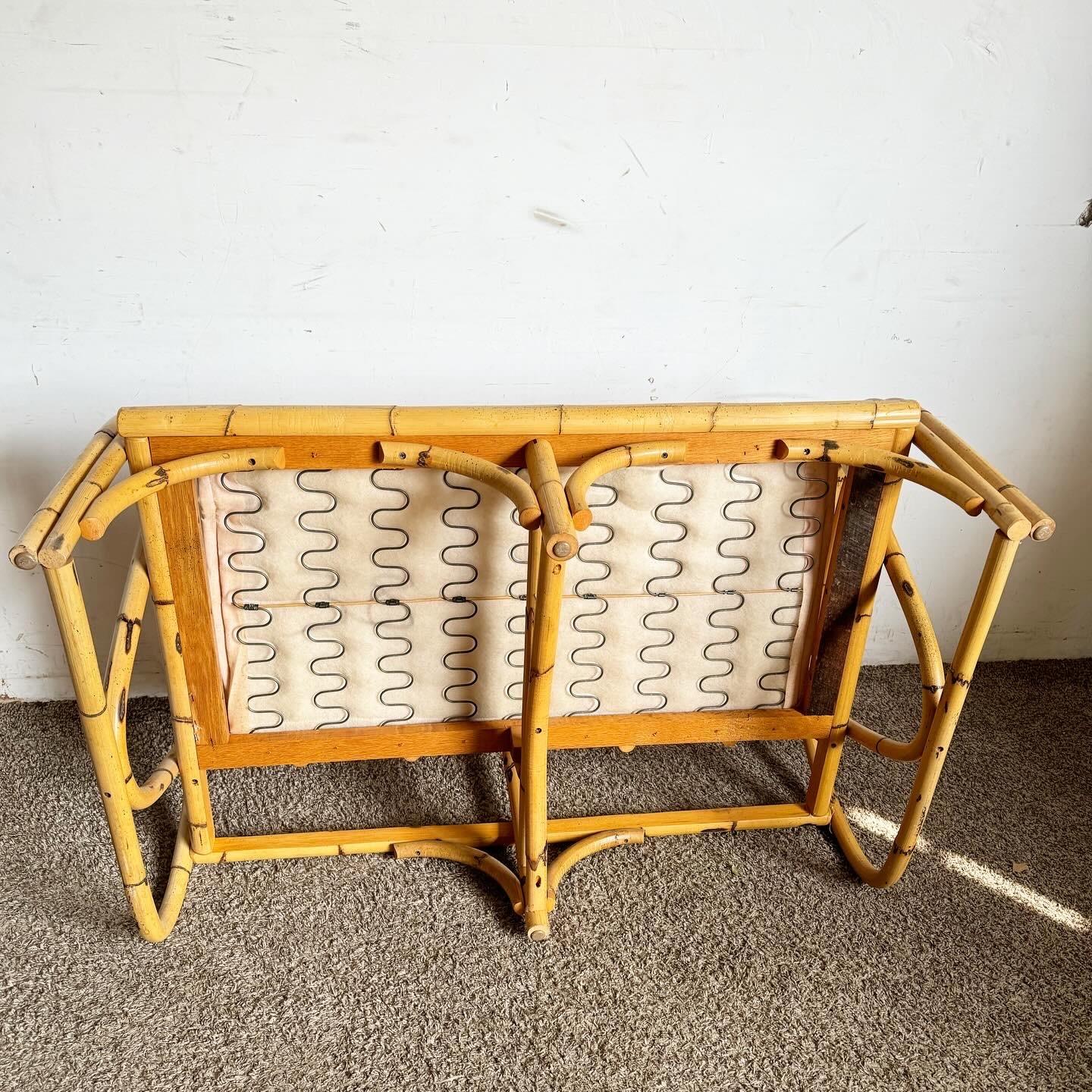 Boho Chic Sculpted Bamboo Rattan Loveseat With Patterned Tufted Cushions For Sale 1