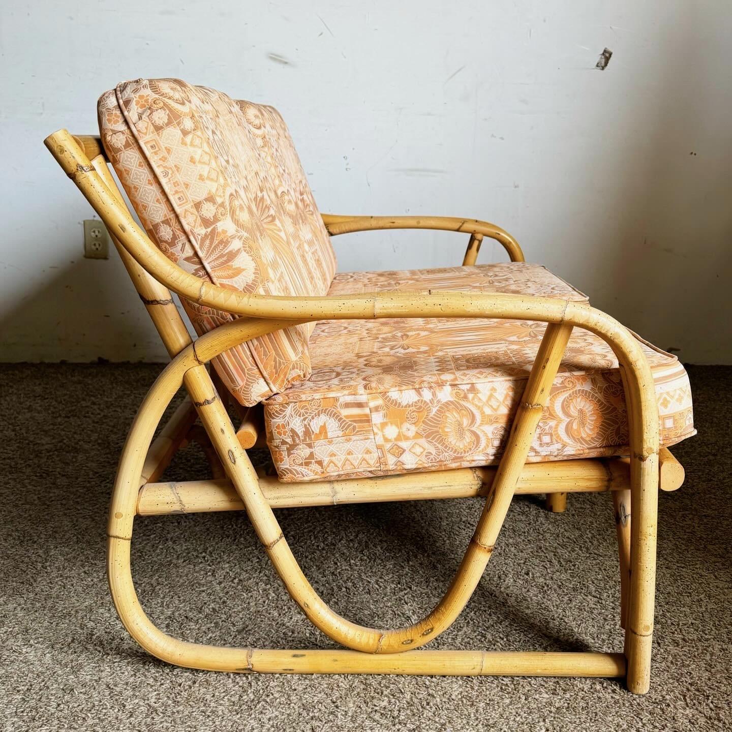 Boho Chic Sculpted Bamboo Rattan Loveseat With Patterned Tufted Cushions For Sale 2