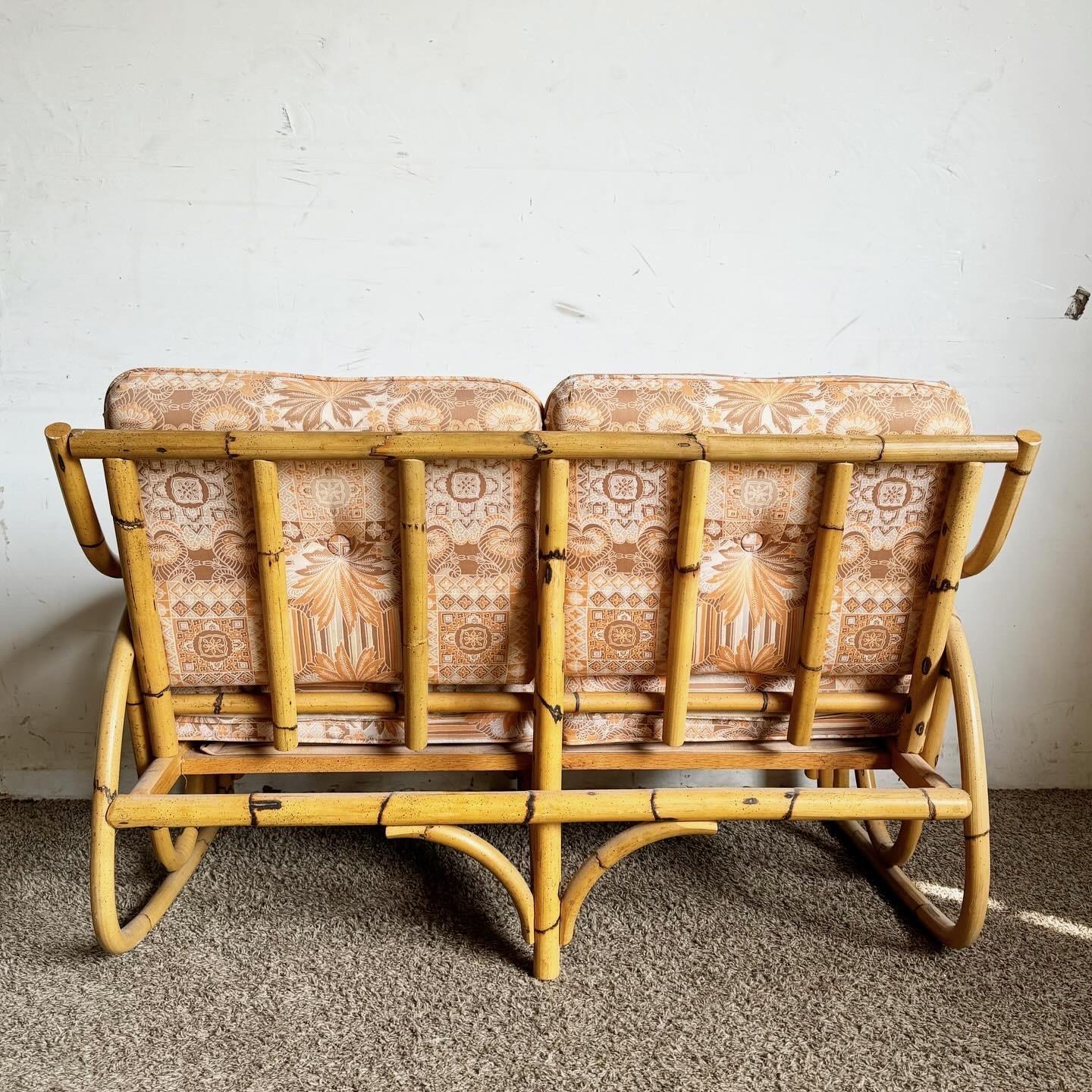 Boho Chic Sculpted Bamboo Rattan Loveseat With Patterned Tufted Cushions For Sale 3