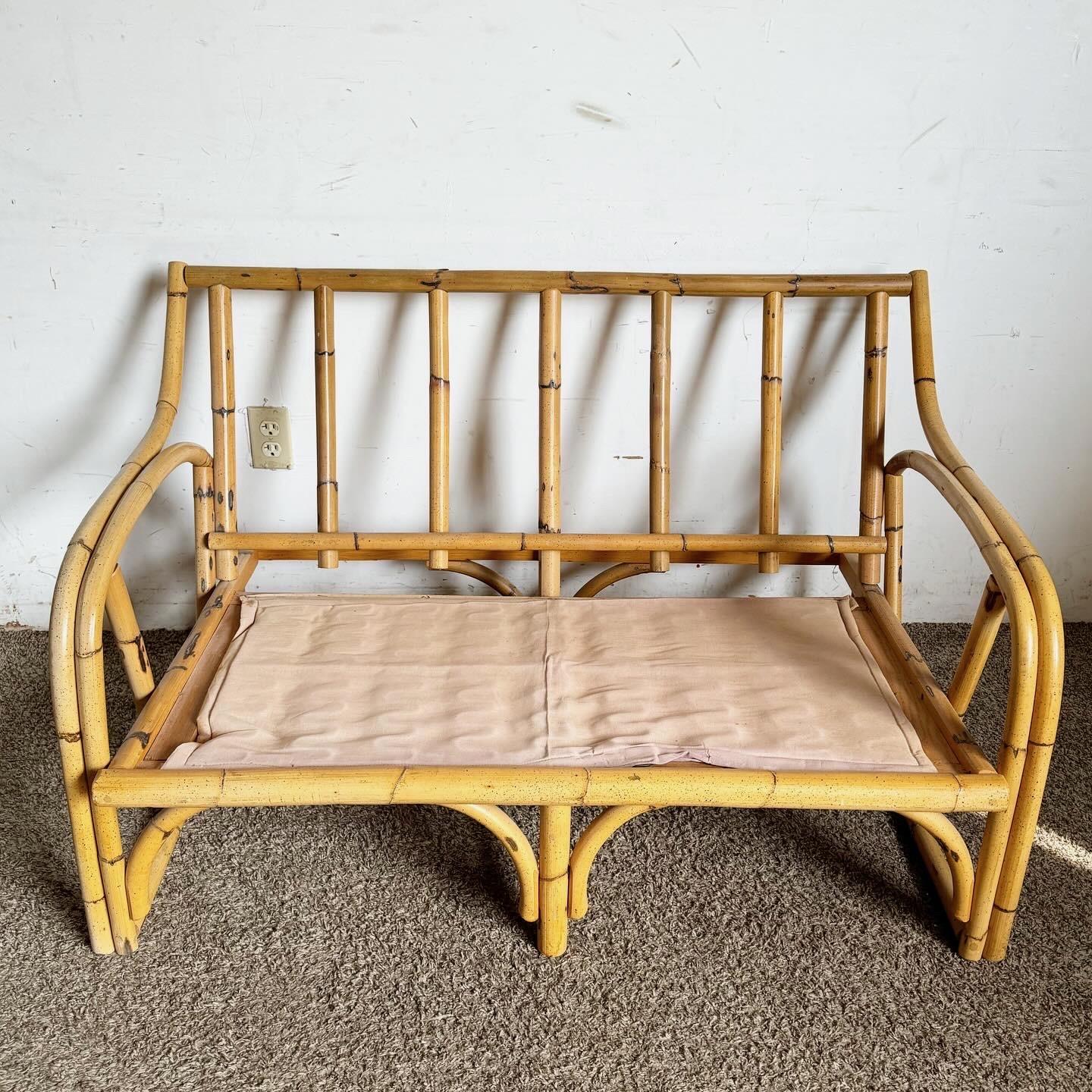 Boho Chic Sculpted Bamboo Rattan Loveseat With Patterned Tufted Cushions For Sale 4