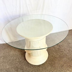 Boho Chic Sculpted Pencil Reed Circular Glass Top Dining Table