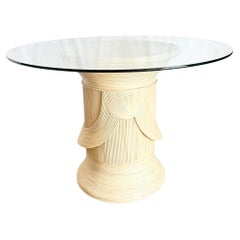Boho Chic Sculpted Pencil Reed Circular Glass Top Dining Table