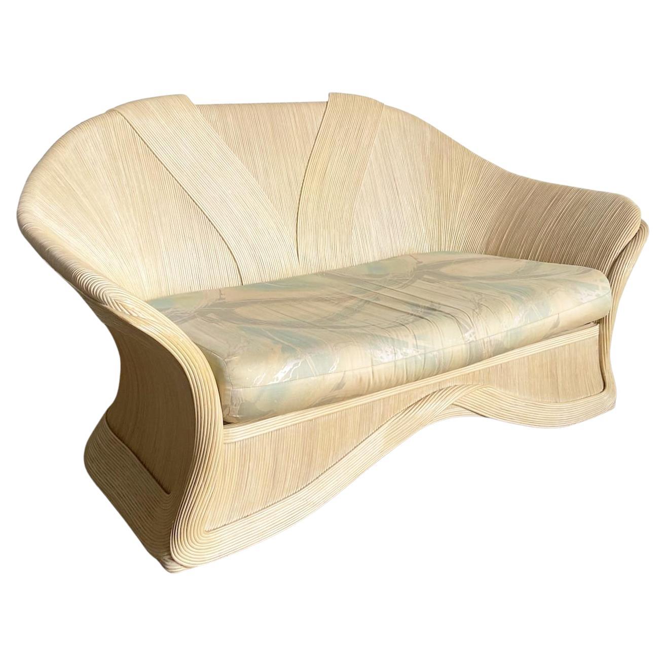 Boho Chic Sculpted Pencil Reed Ribbon Love Seat Sofa For Sale