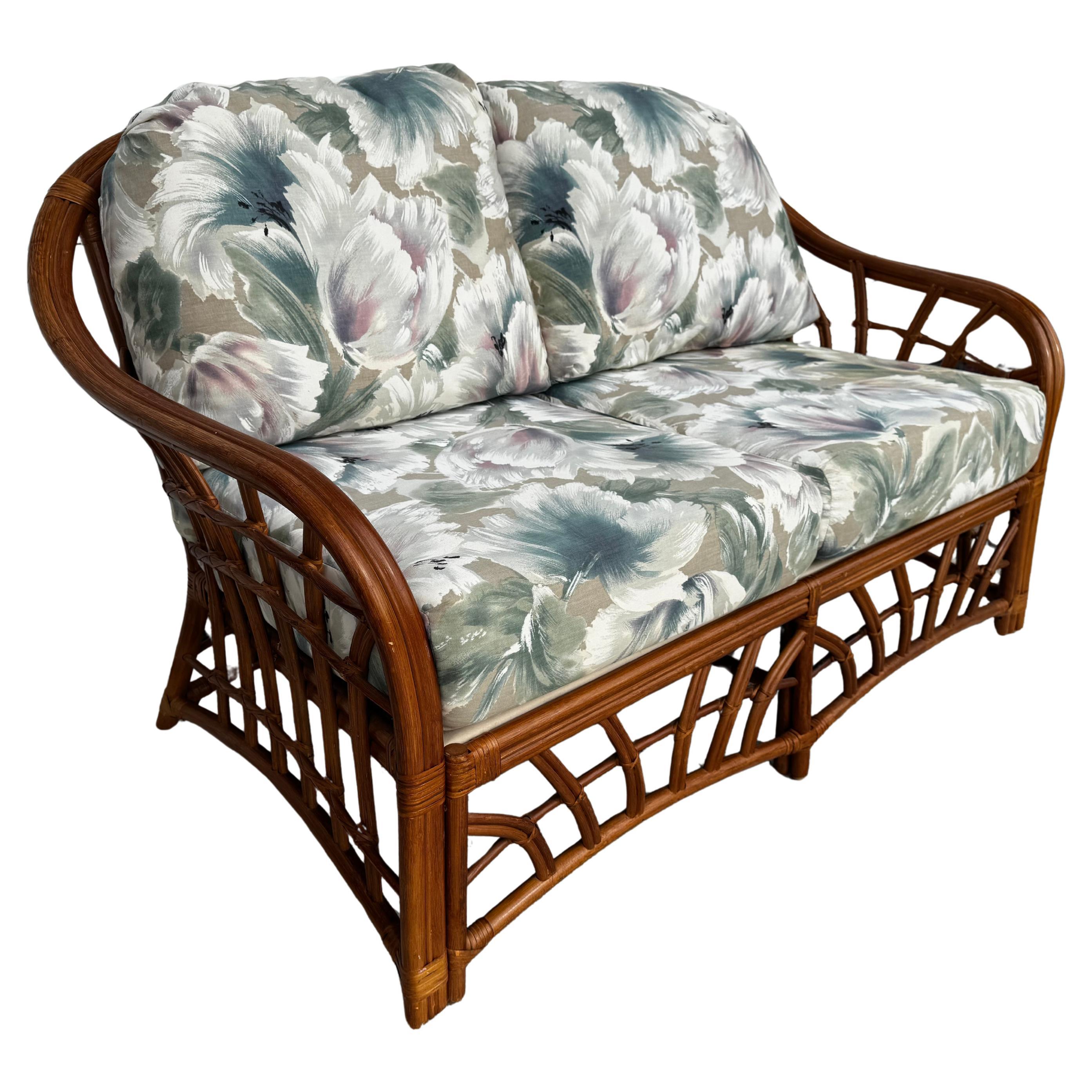 Boho Chic South Sea Rattan Collection Upholstered Loveseat For Sale