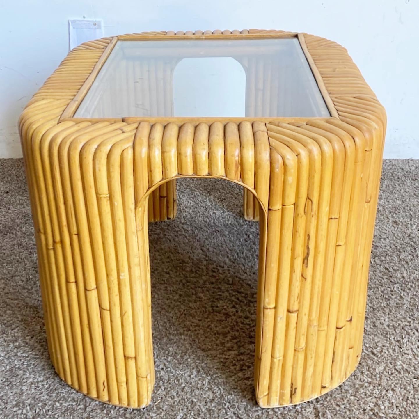 Bohemian Boho Chic Split Bamboo Glass Top Side Table For Sale