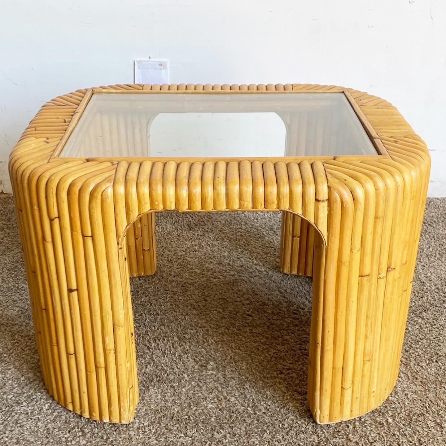 Boho Chic Split Bamboo Glass Top Side Table In Good Condition For Sale In Delray Beach, FL