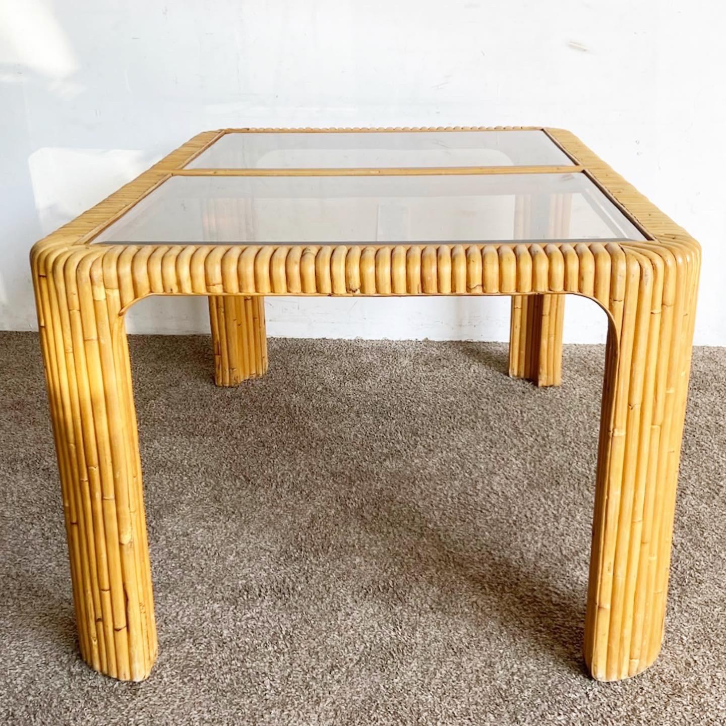 Boho Chic Split Bamboo Smoked Glass Top Dining Table In Good Condition For Sale In Delray Beach, FL