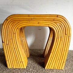 Boho Chic Split Bamboo Waterfall Side Table With Inlaid Smoked Glass