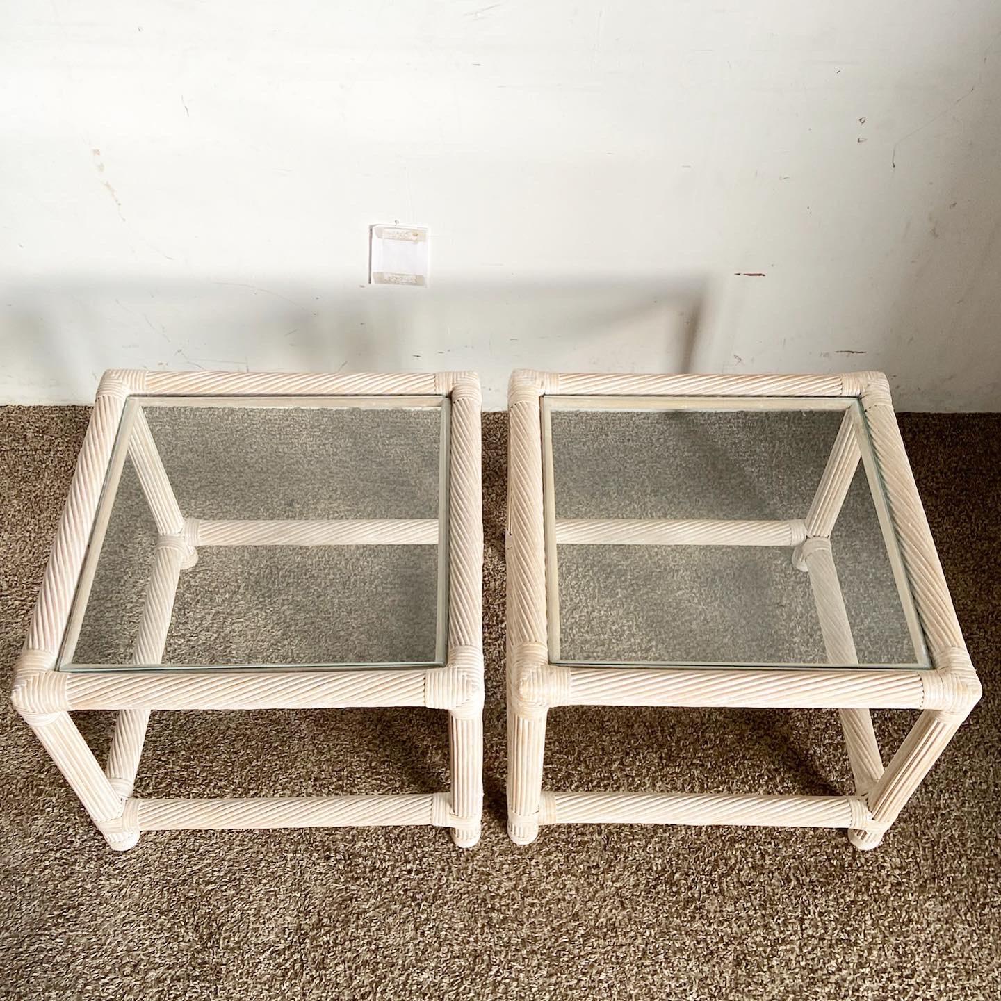 Bohemian Boho Chic Spun Pencil Reed and Rattan Glass Top Side Tables - a Pair For Sale