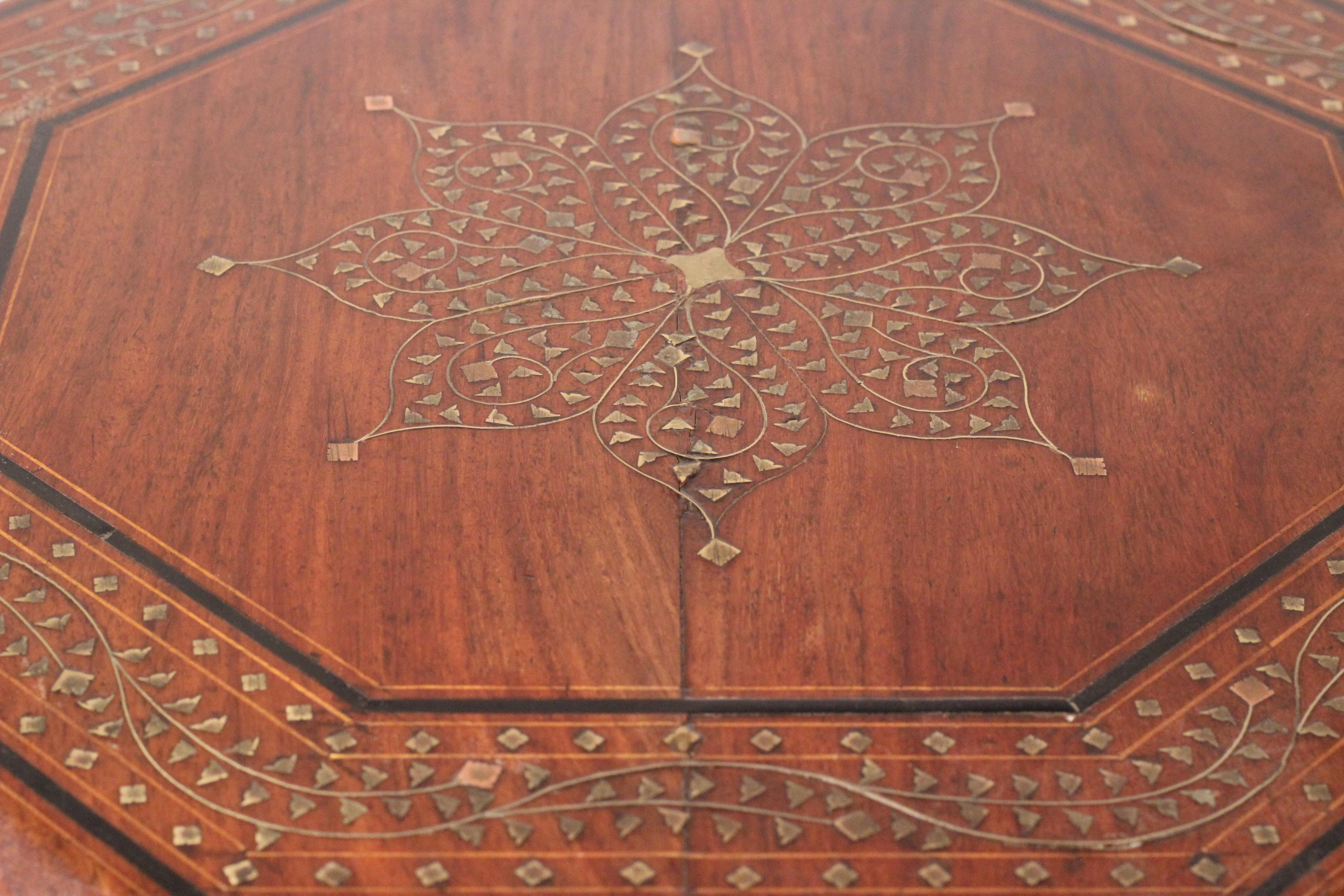 Boho Chic Style Anglo Indian Bombay Rosewood and Brass Inlay Octagonal Table For Sale 8