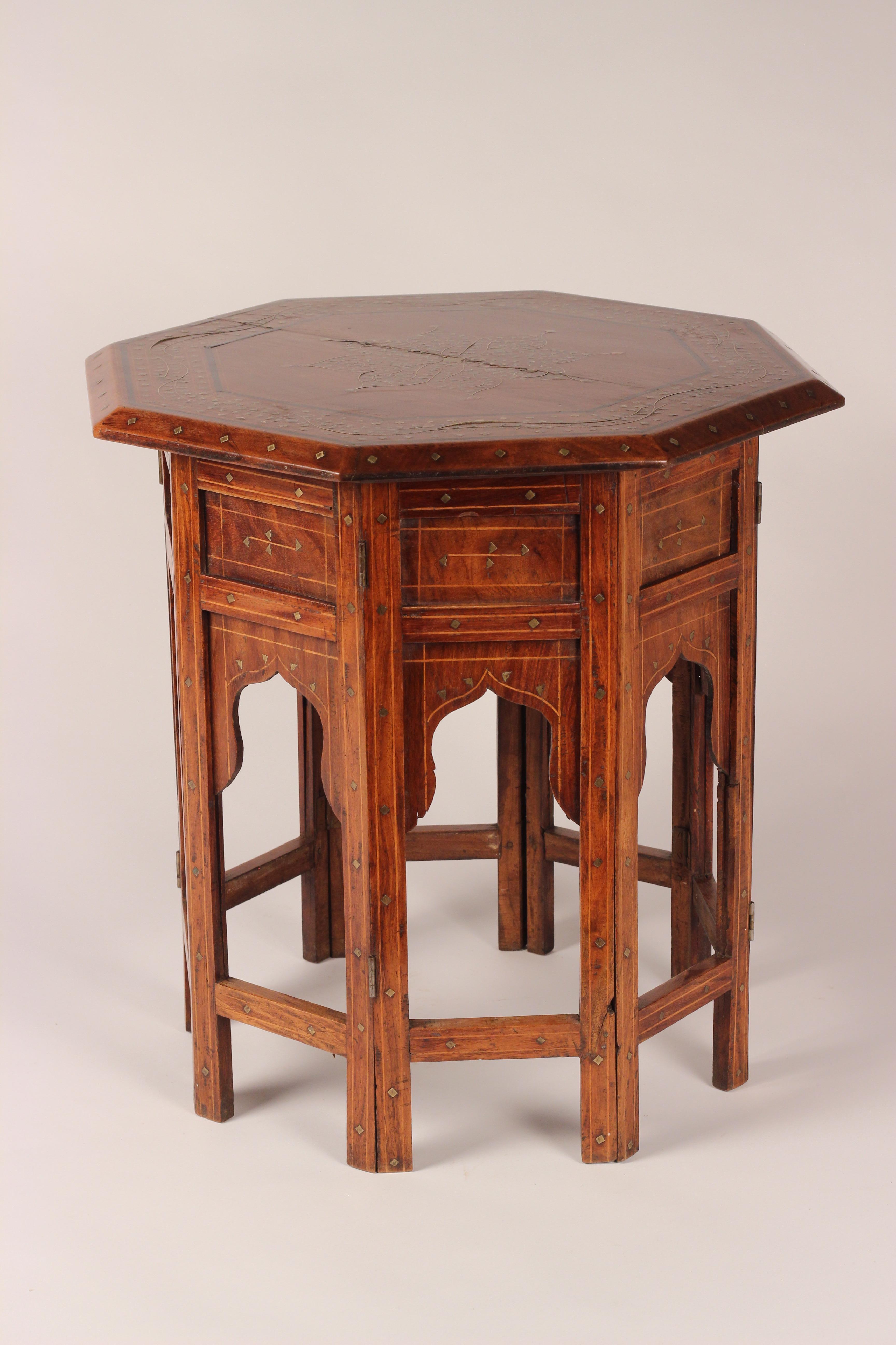 Carved Boho Chic Style Anglo Indian Bombay Rosewood and Brass Inlay Octagonal Table For Sale