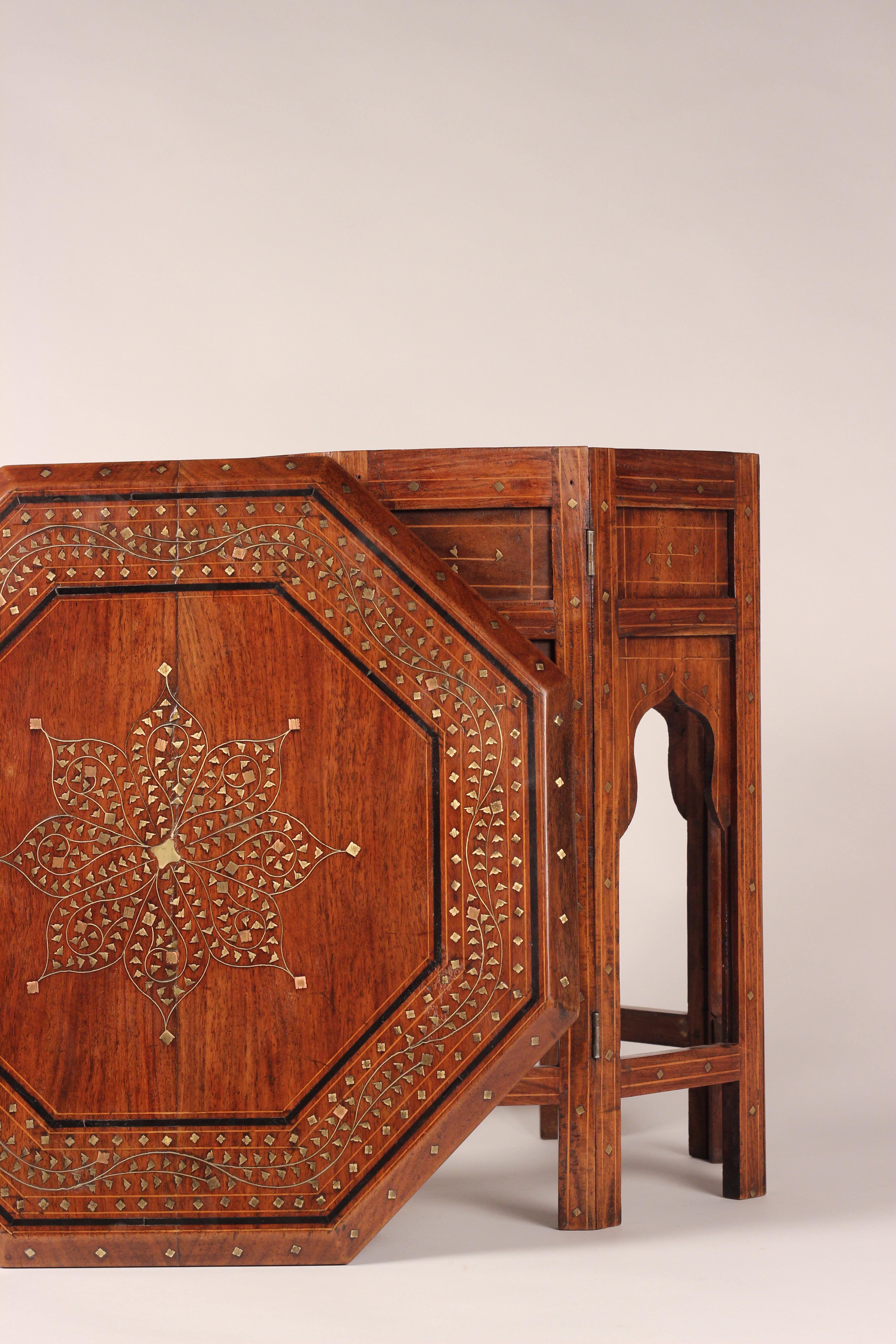 Boho Chic Style Anglo Indian Bombay Rosewood and Brass Inlay Octagonal Table For Sale 1