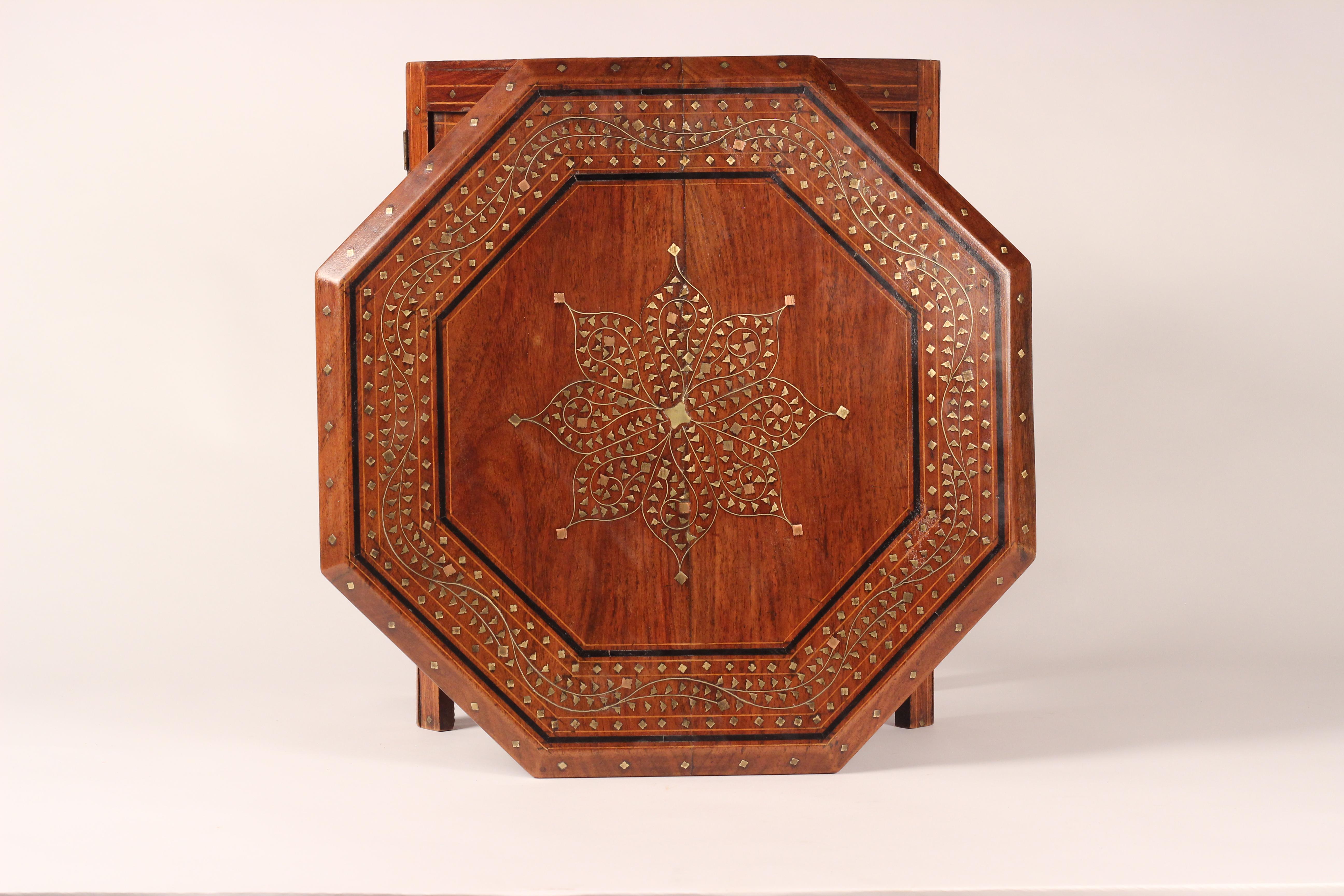 Boho Chic Style Anglo Indian Bombay Rosewood and Brass Inlay Octagonal Table For Sale 2