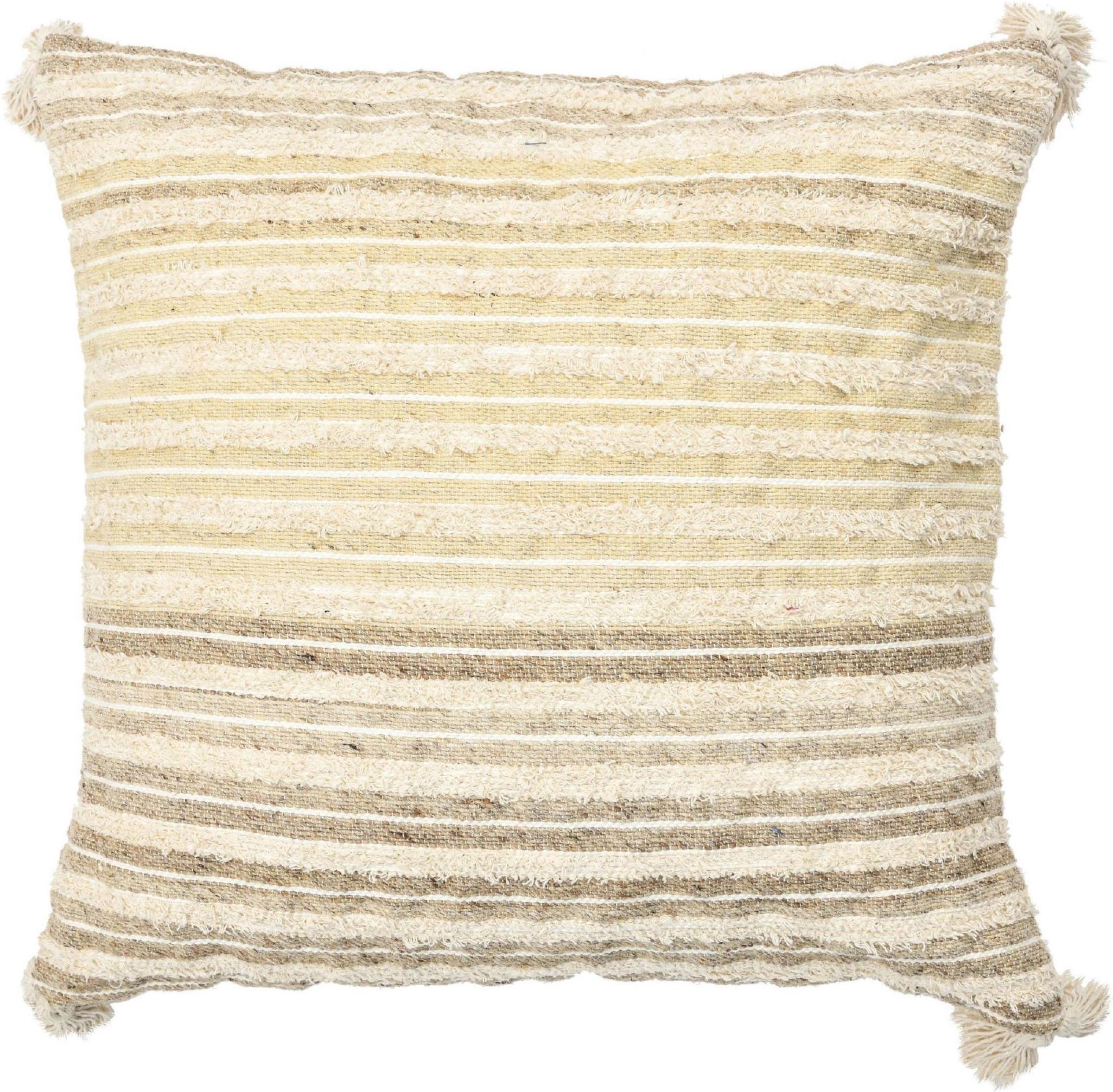 Hand-Knotted Boho Chic Style Modern Wool and Cotton Pillow In Beige For Sale