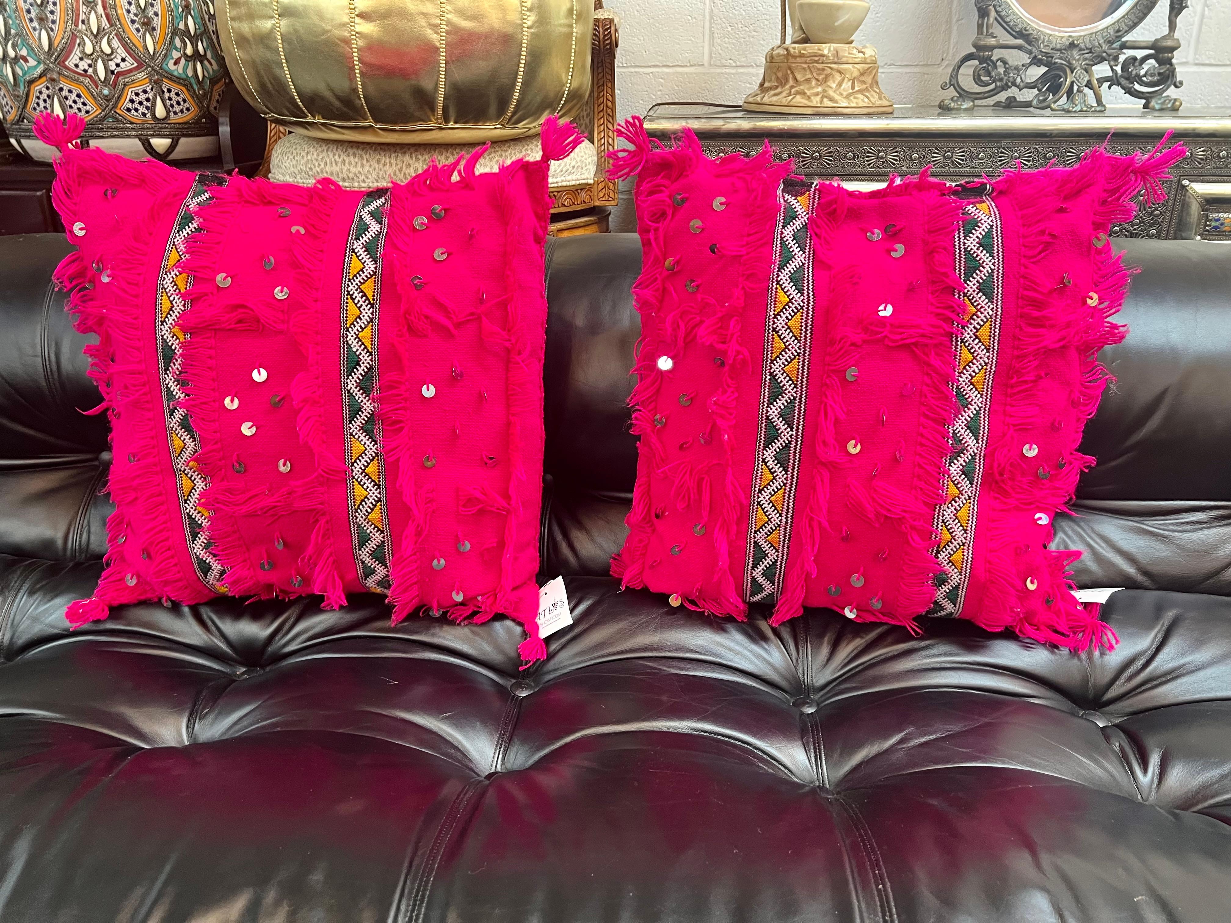 Hand-Woven Boho Chic Style Moroccan Pink Wedding Pillow, a Pair