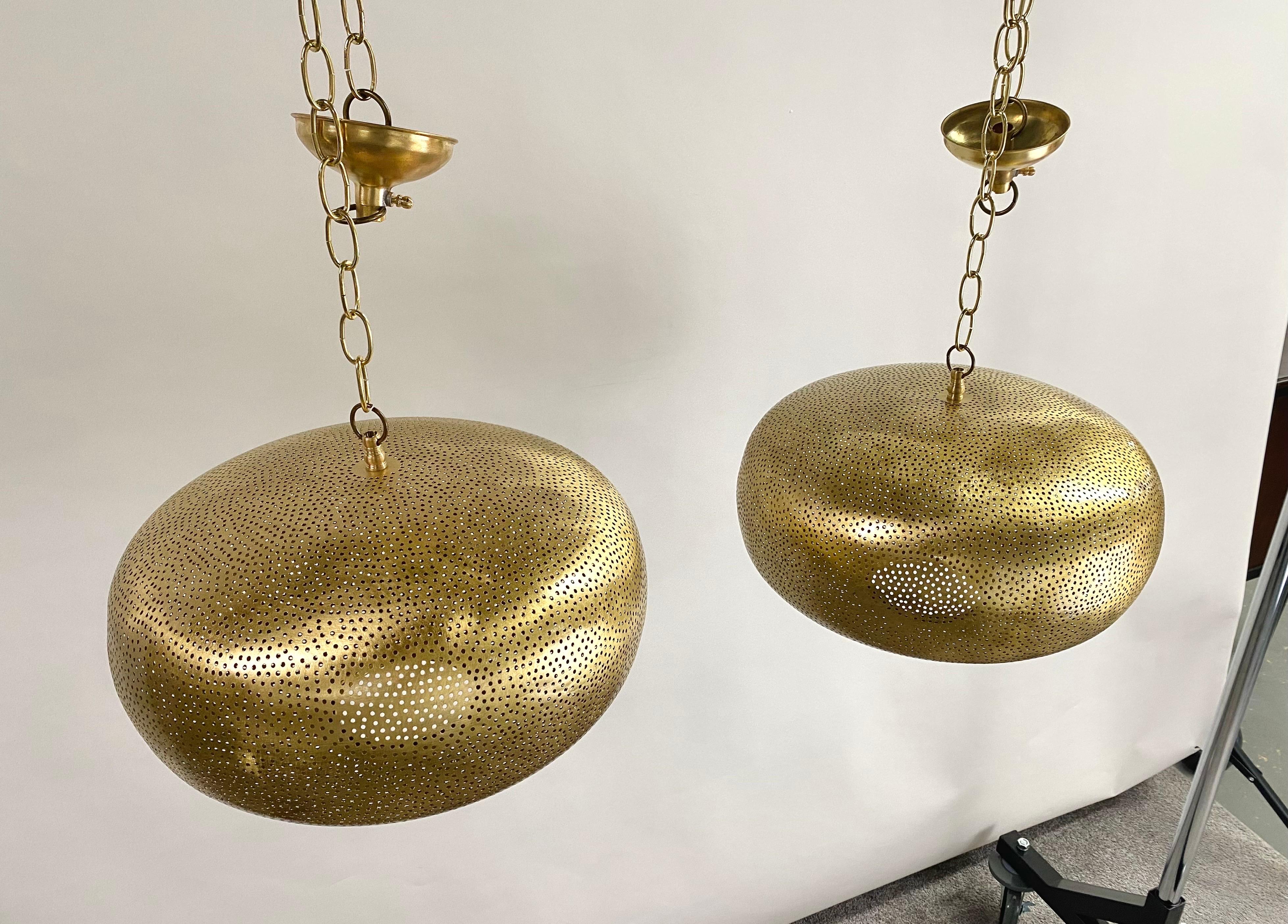 Boho Chic Style Oval Brass Pendant or Lantern, a Pair  In Good Condition For Sale In Plainview, NY
