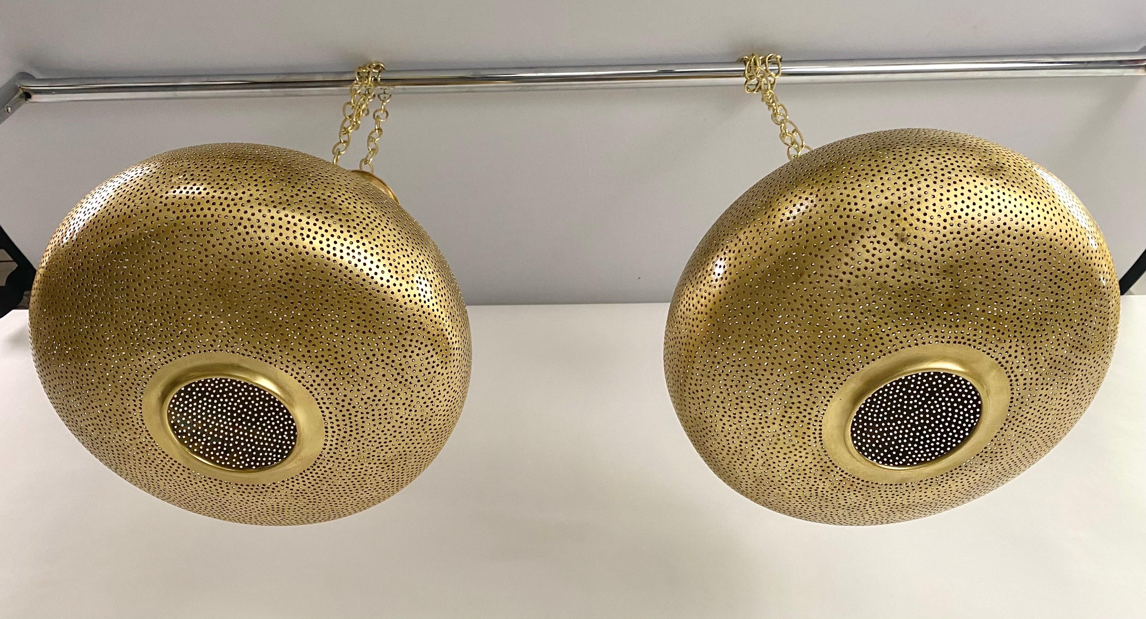 20th Century Boho Chic Style Oval Brass Pendant or Lantern, a Pair For Sale