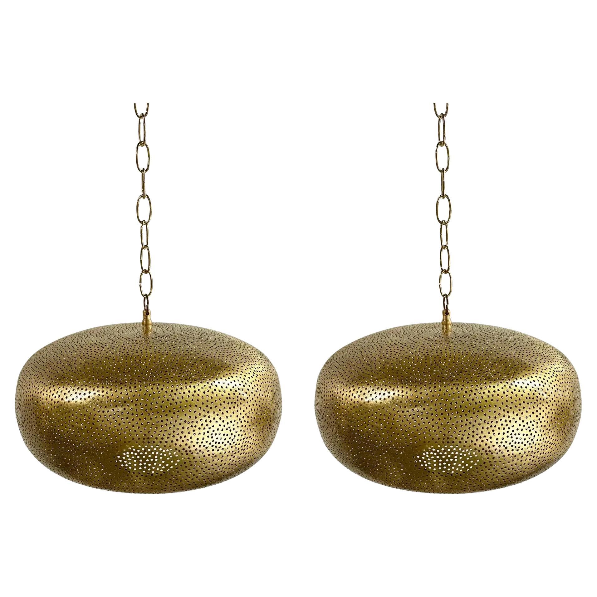 Boho Chic Style Oval Brass Pendant or Lantern, a Pair  For Sale