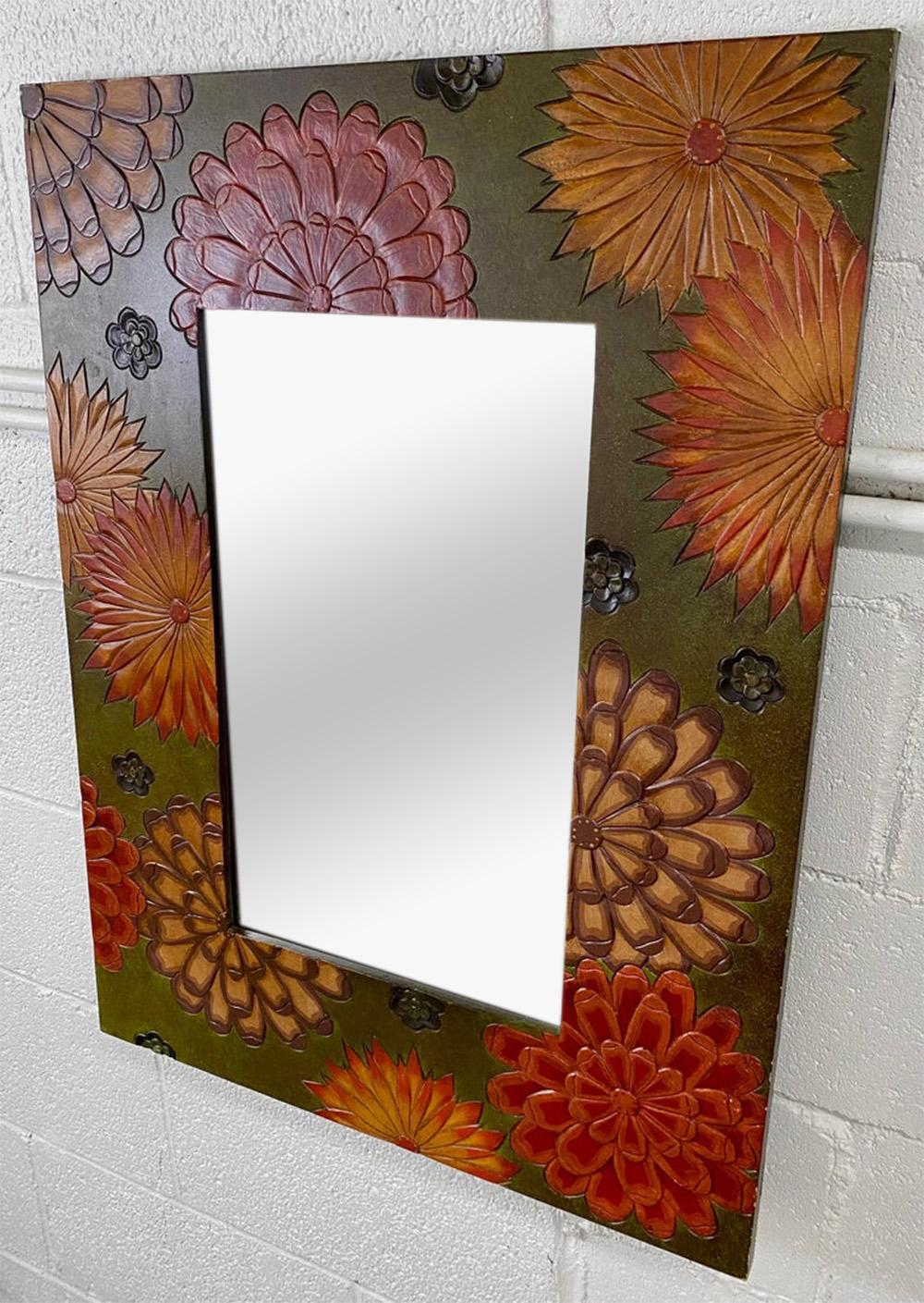 Bohemian Boho Chic  Sunflowers Design Wall or Vanity Mirror with Wooden Carved Frame  For Sale
