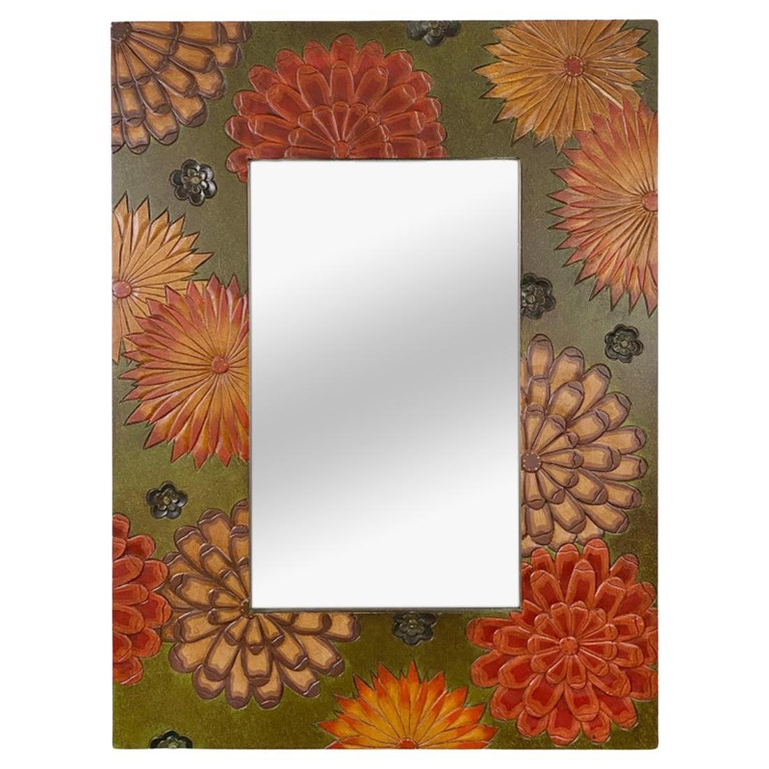 Boho Chic  Miroir mural ou de courtoisie avec cadre en bois sculpté, design tournesol  en vente