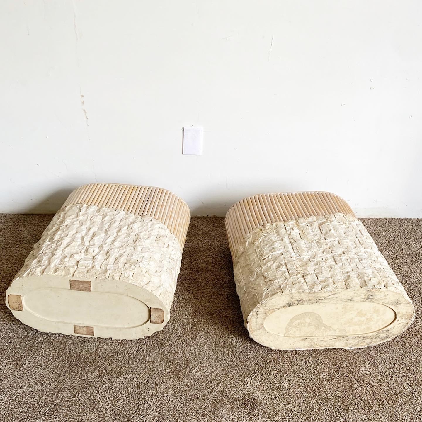 Boho Chic Tessellated Stone and Split Reed Pedestals, a Pair For Sale 4